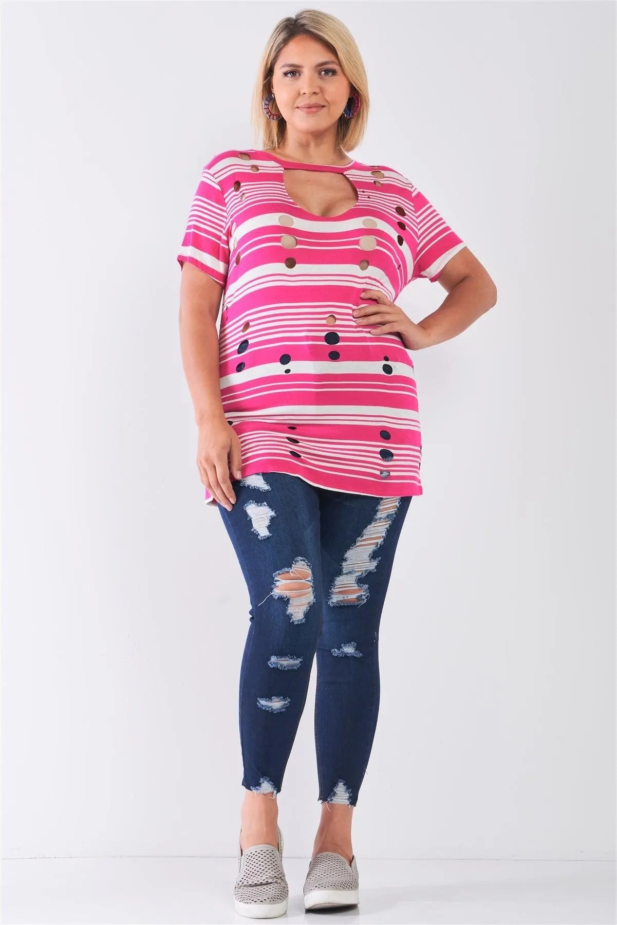 Junior Plus Size Fuchsia Striped and Distressed Cut-Out Top /2-2-2 - Tasha Apparel Wholesale