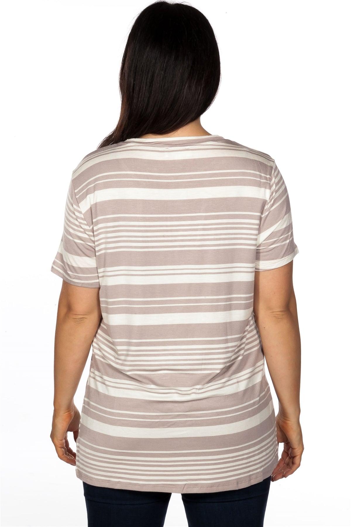 Junior Plus Size Khaki Striped and Distressed Cut-Out Top /2-2-2