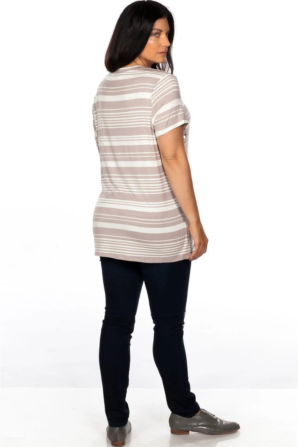 Junior Plus Size Khaki Striped and Distressed Cut-Out Top /2-2-2 - Tasha Apparel Wholesale