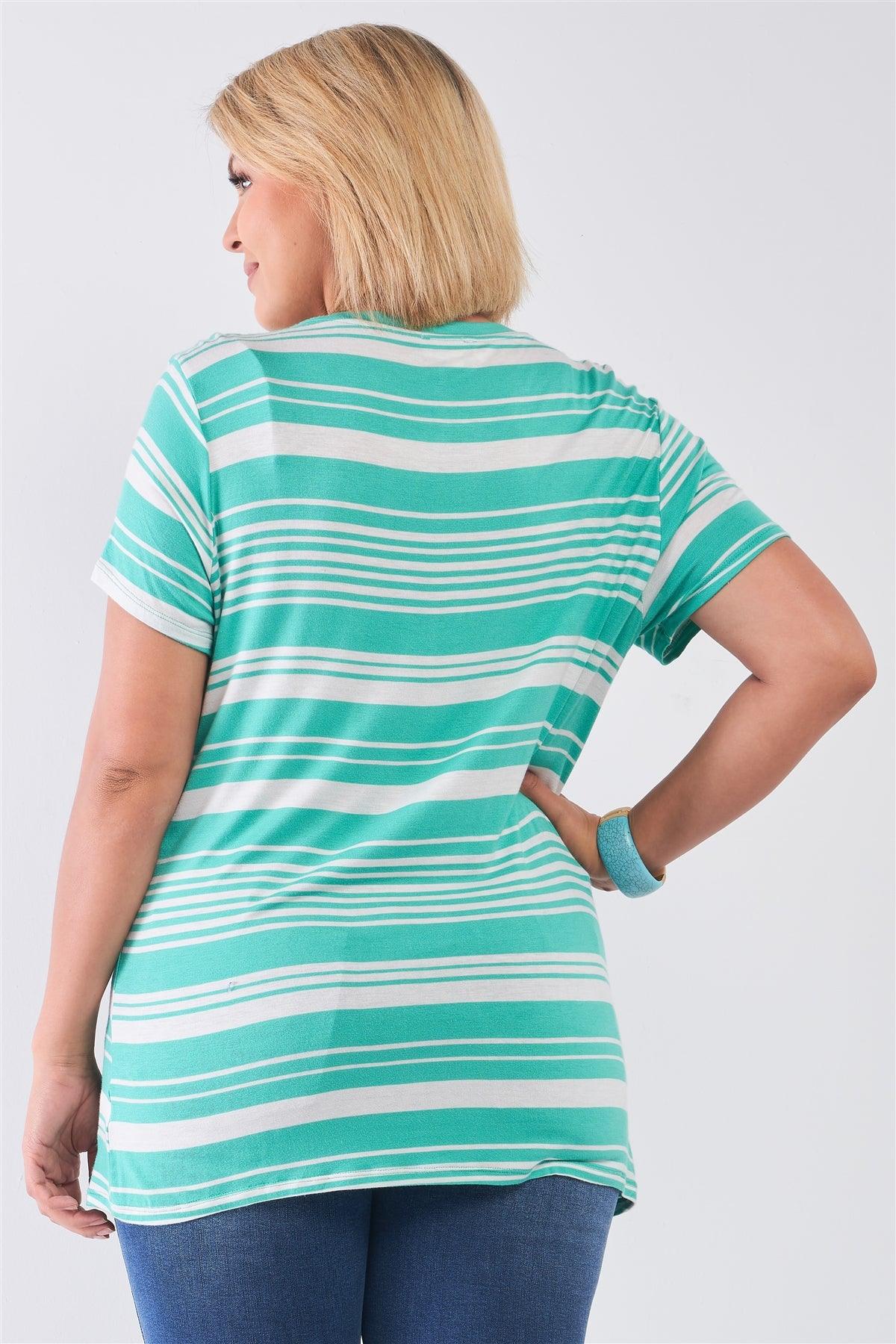 Junior Plus Size Mint Striped and Distressed Cut-Out Top /2-2-2