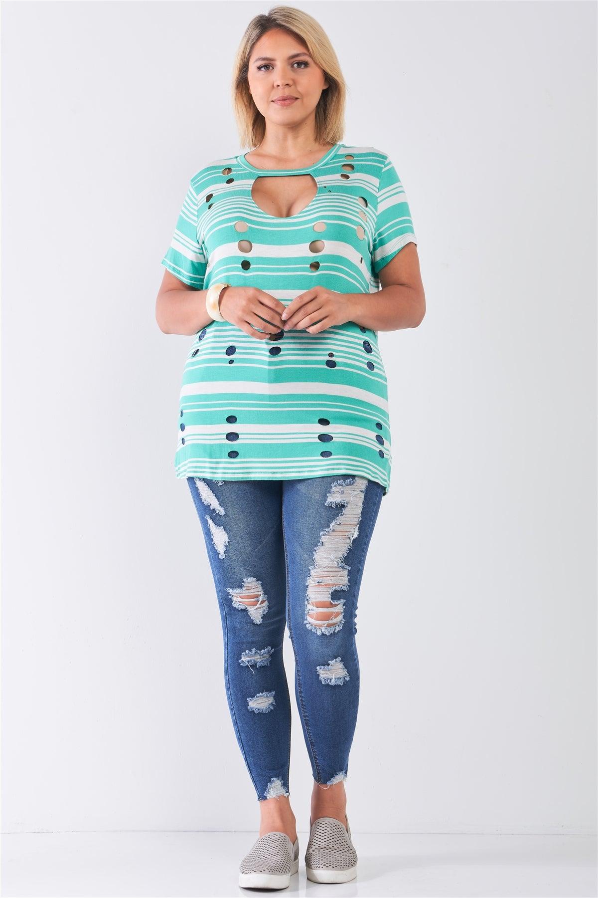 Junior Plus Size Mint Striped and Distressed Cut-Out Top /2-2-2
