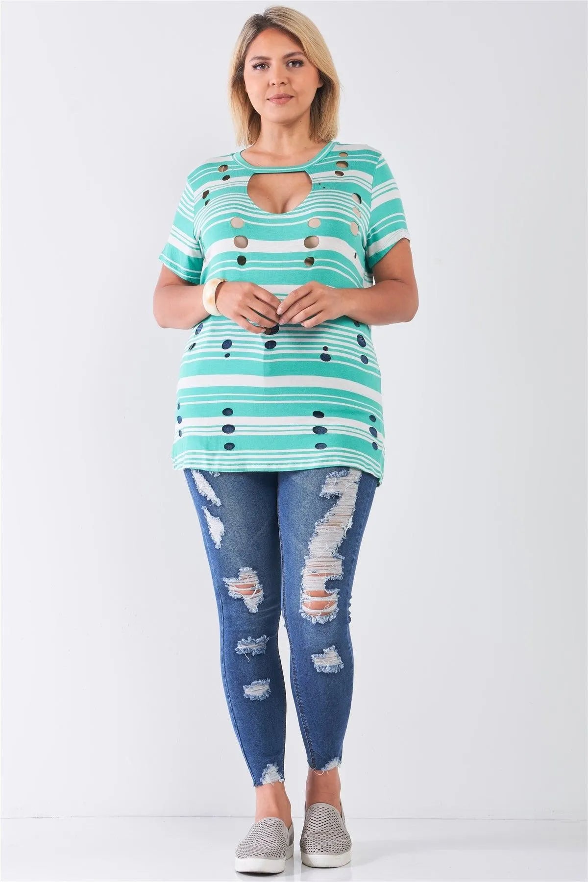 Junior Plus Size Mint Striped and Distressed Cut-Out Top /2-2-2 - Tasha Apparel Wholesale