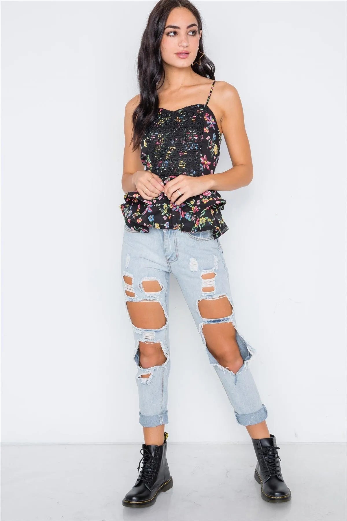 Multi Black Floral Cami Flounce Crochet Top /2-2-2 - Tasha Apparel Wholesale