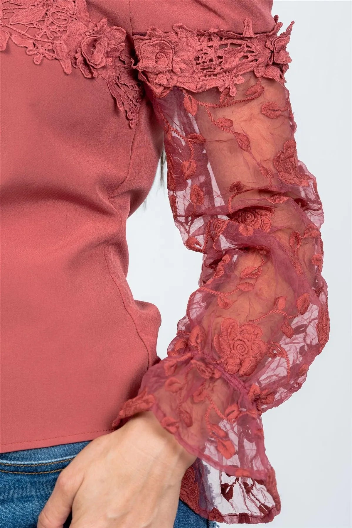 Mauve V-Wire Off The Shoulder Floral Applique Top /2-2-2 - Tasha Apparel Wholesale