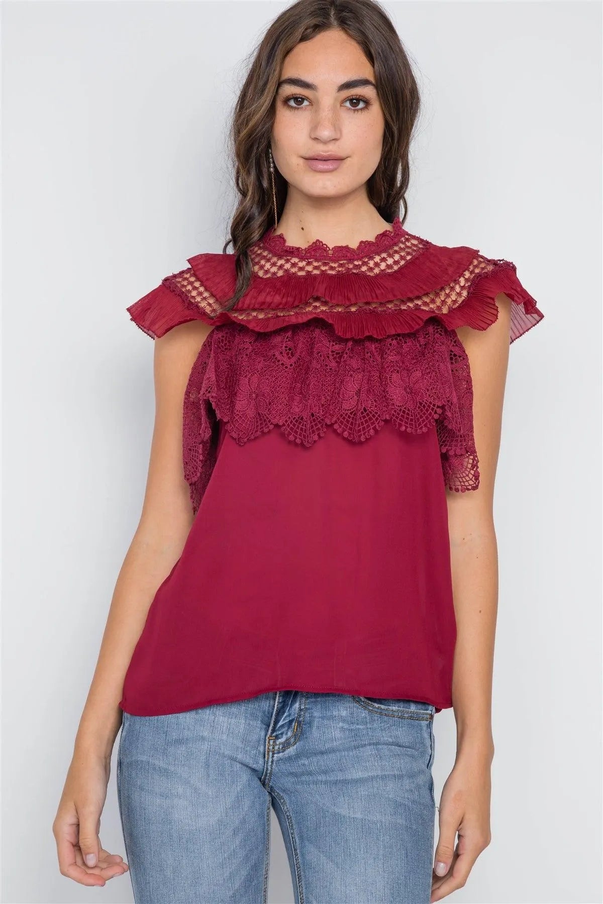 Burgundy Crochet Trim Sleeveless Top - Tasha Apparel Wholesale