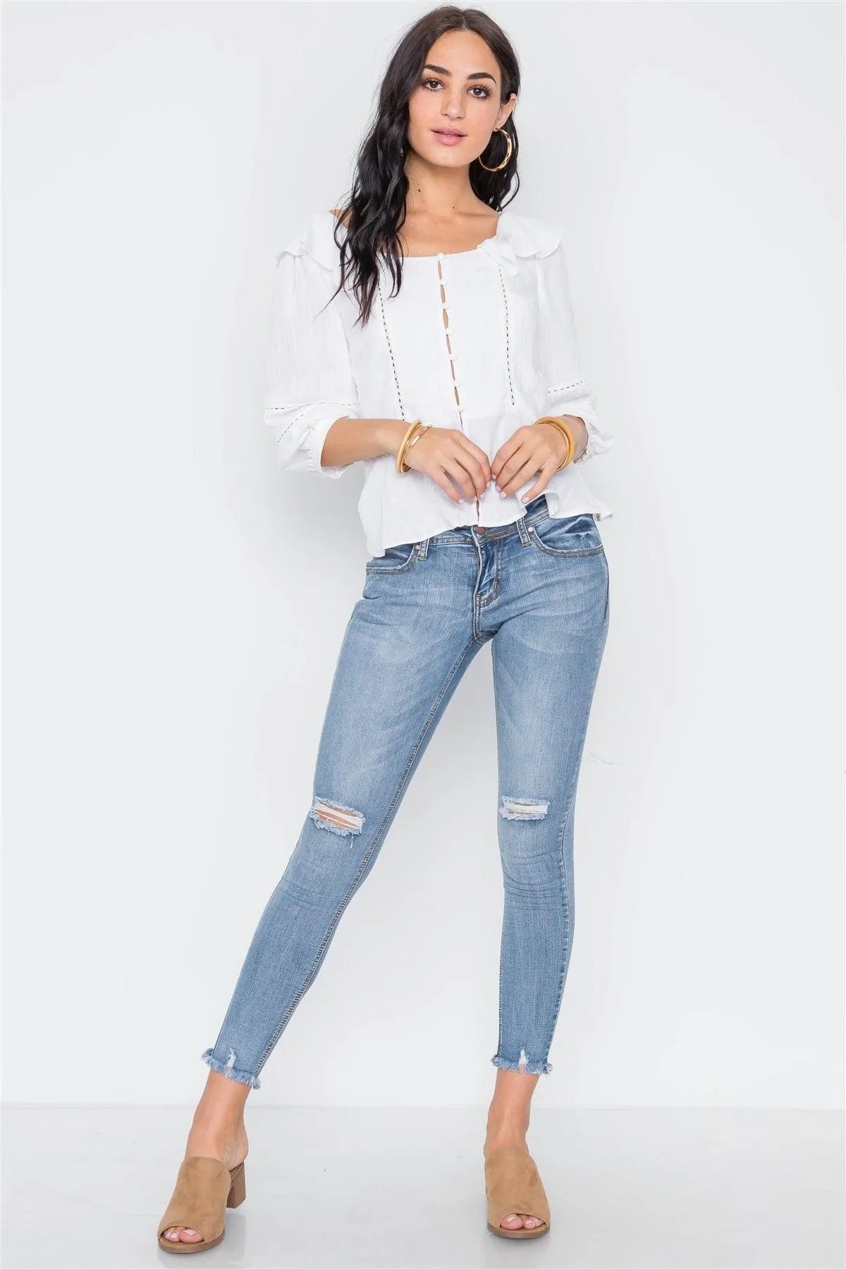 White Crochet Trim Button Down Boho Top /2-2-2 - Tasha Apparel Wholesale