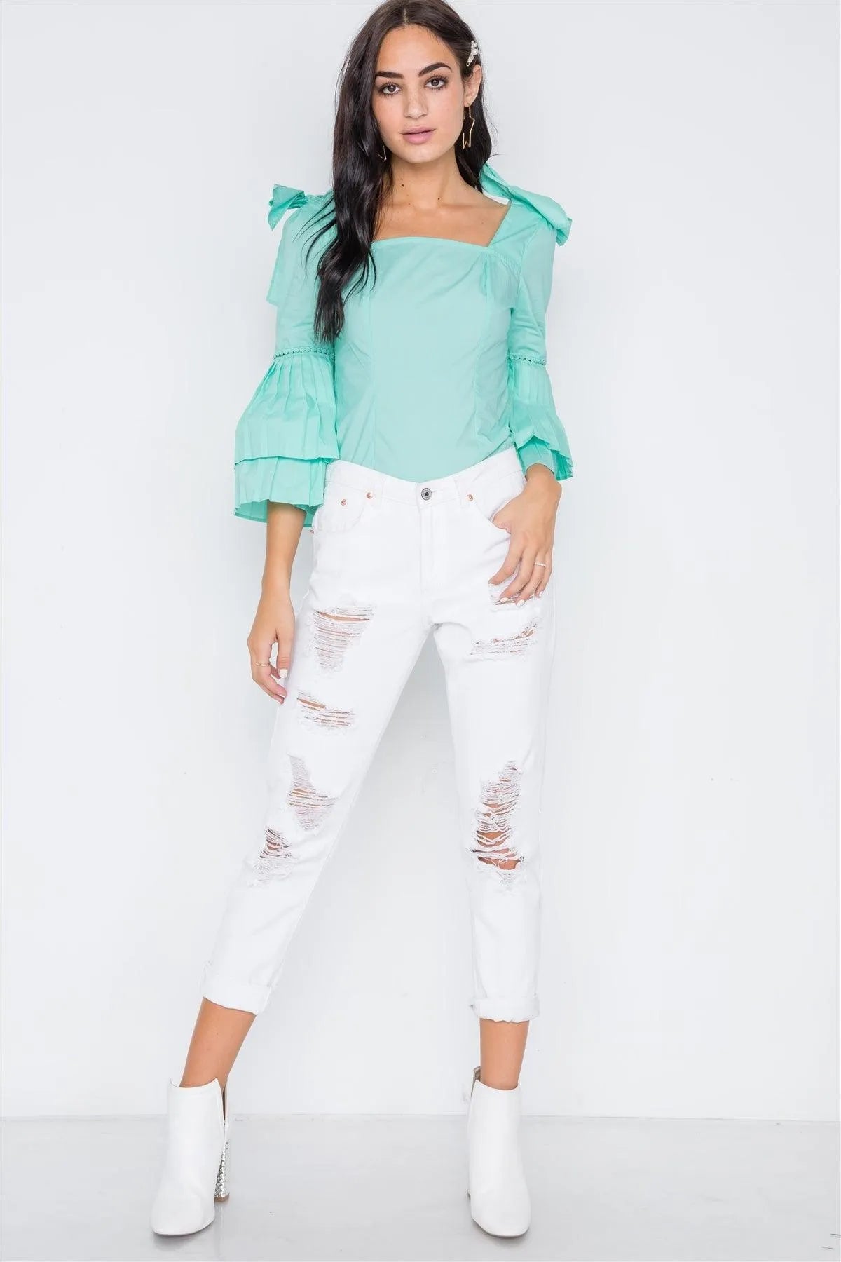 Mint Square Neck Accordion Pleat Sleeves Top /2-2-2 - Tasha Apparel Wholesale