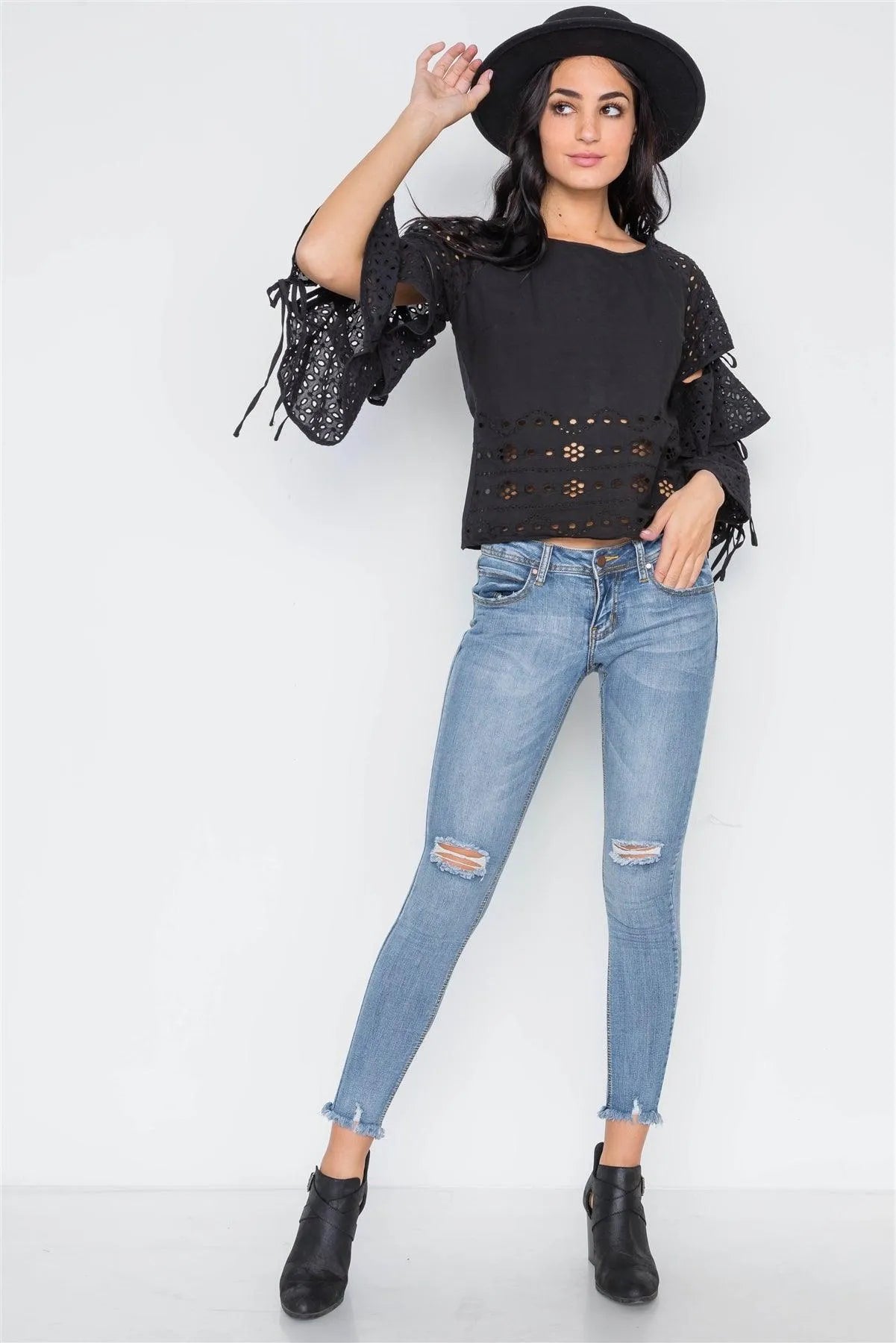 Black Floral Embroidery Cut Out Flounce Sleeve Top - Tasha Apparel Wholesale