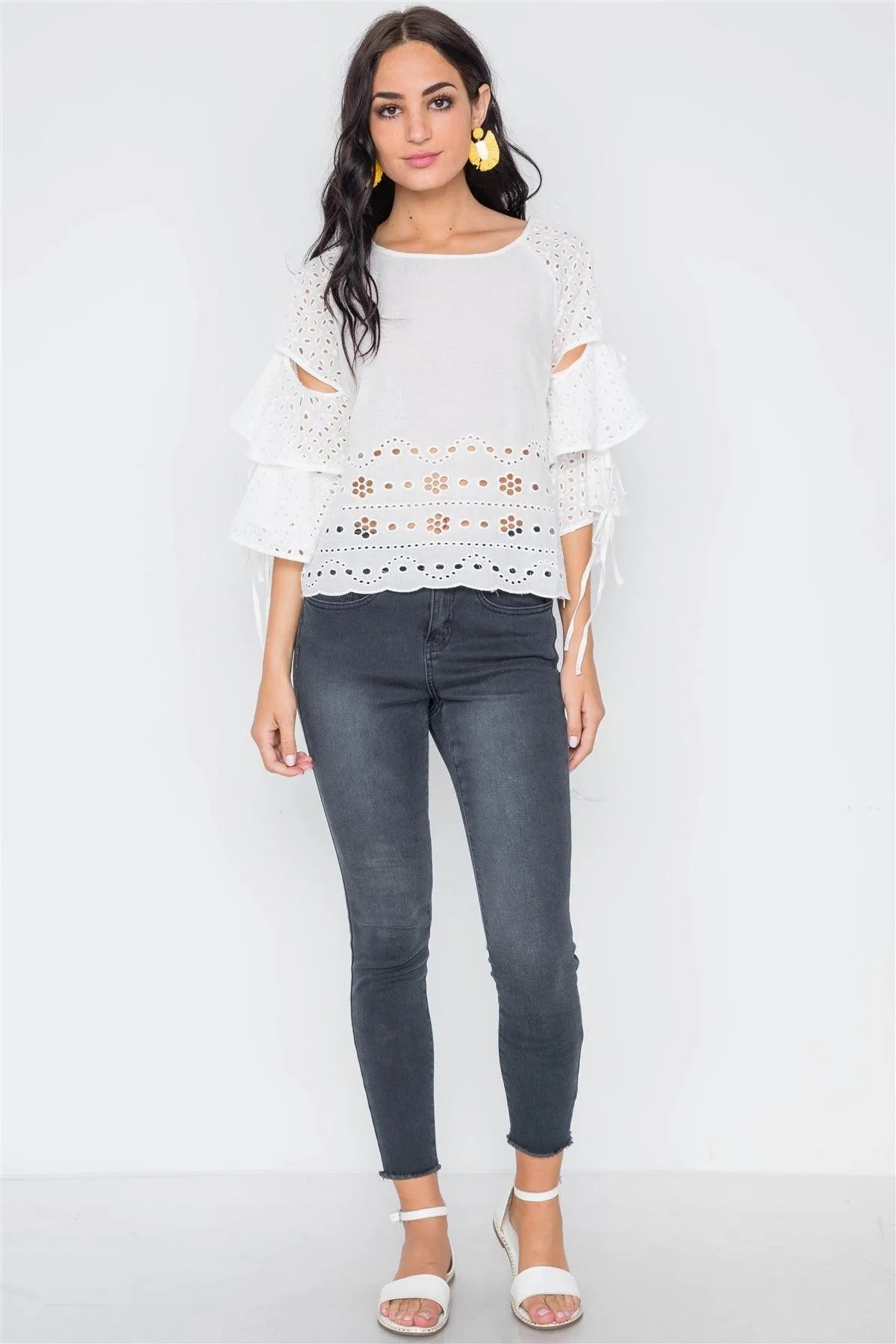 White Floral Embroidery Cut Out Flounce Sleeve - Tasha Apparel Wholesale