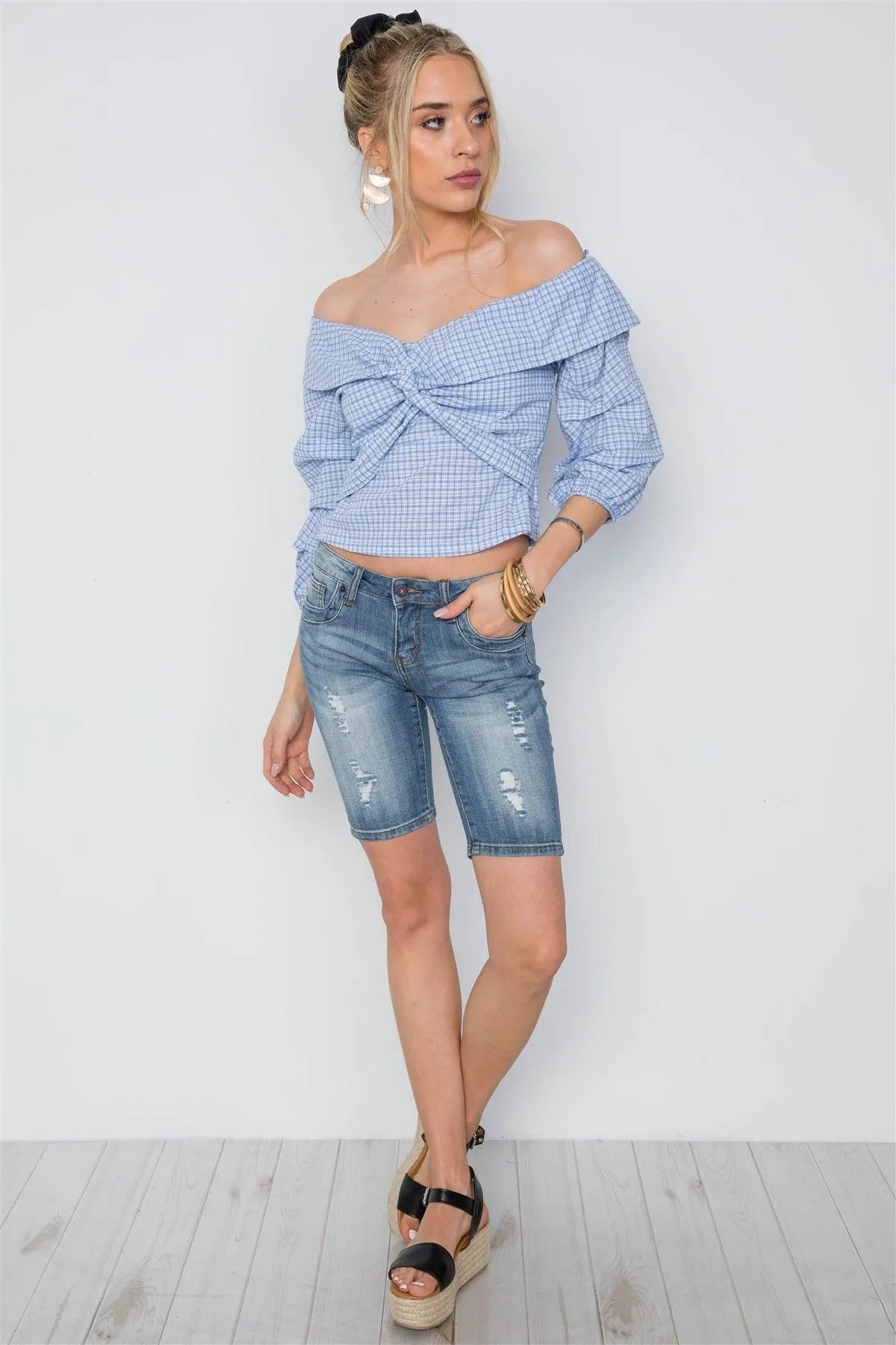 White Blue Plaid Twist Off-The-Shoulder Boho Top /2-2-2 - Tasha Apparel Wholesale