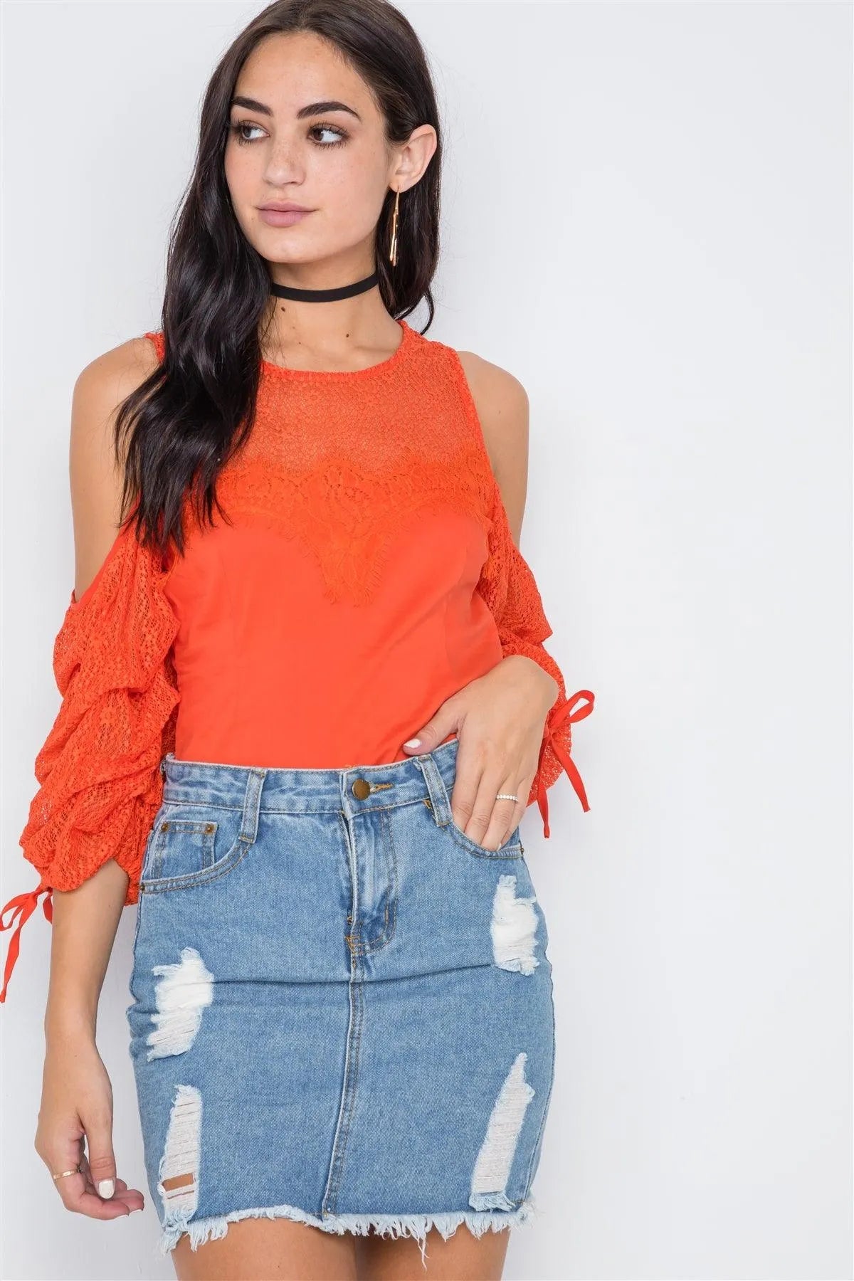 Orange Cold Shoulder Puff Sleeves Lace Combo Top /2-2-2 - Tasha Apparel Wholesale