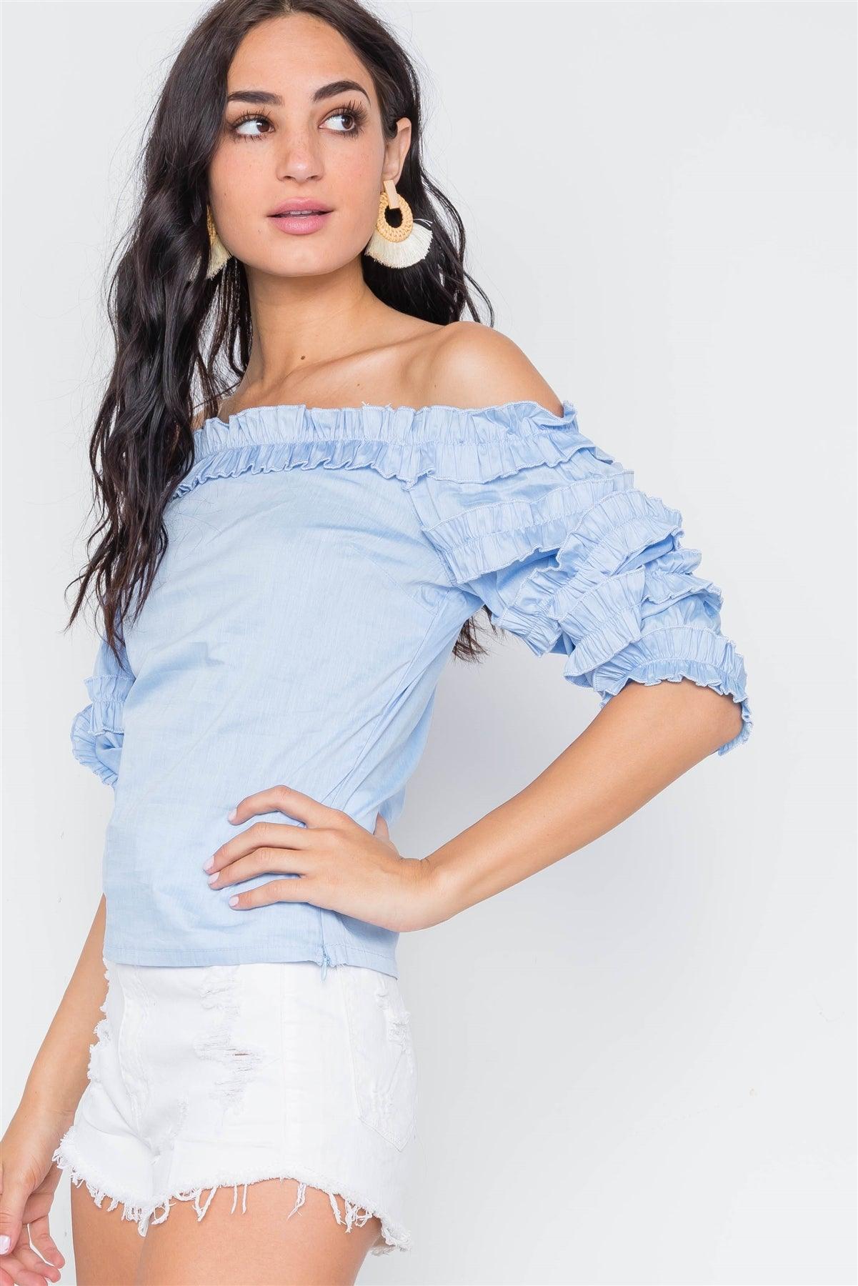Blue Puff Sleeve Off-The-Shoulder Top