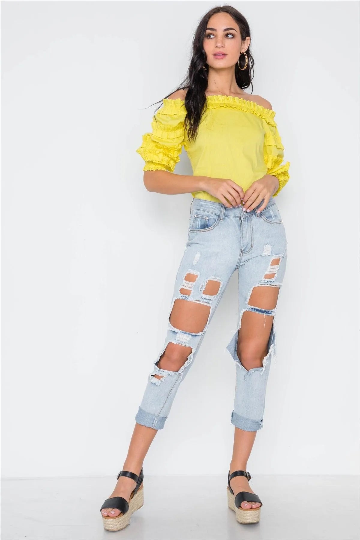 Yellow Puff Sleeve Off-The-Shoulder Top /2-2-2 - Tasha Apparel Wholesale