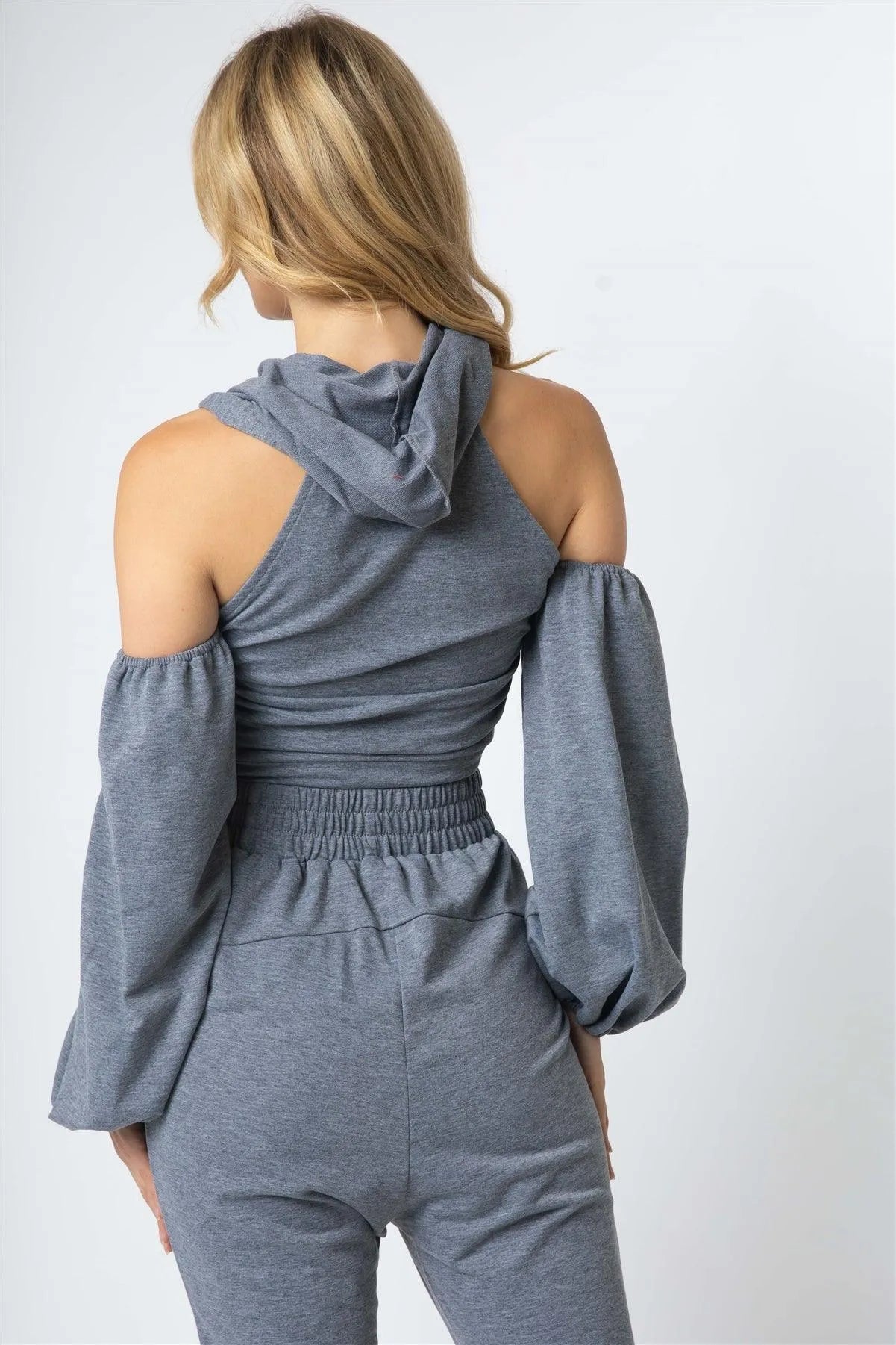 Grey Off-The-Shoulder Zip-Up Hooded Crop Top & High Waist Ruched Detail Jogging Pants Set /2-2-2 - Tasha Apparel Wholesale