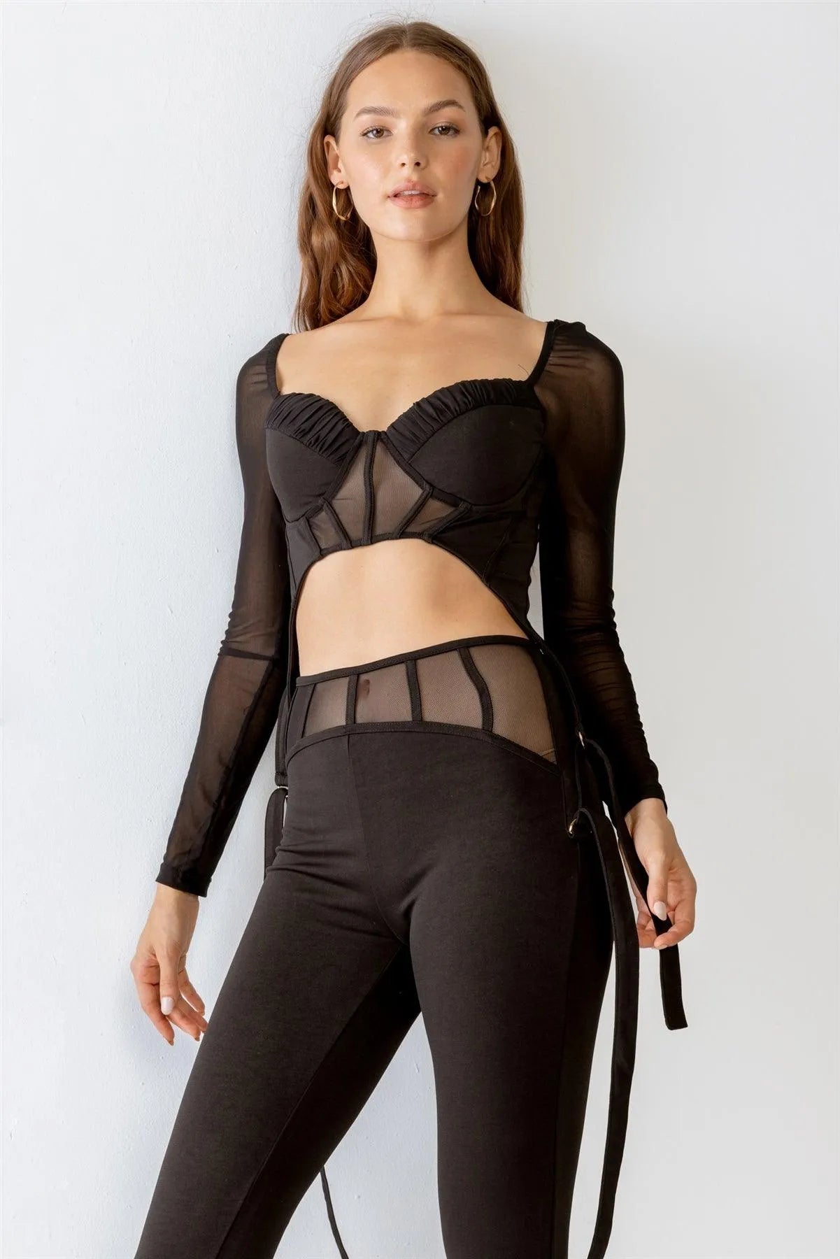 Black Rushed Bust Corset Mesh Long Sleeve Crop Top & High Waist Slim Fit Corset Detail Pants Set S-M-L/2-2-2 - Tasha Apparel Wholesale
