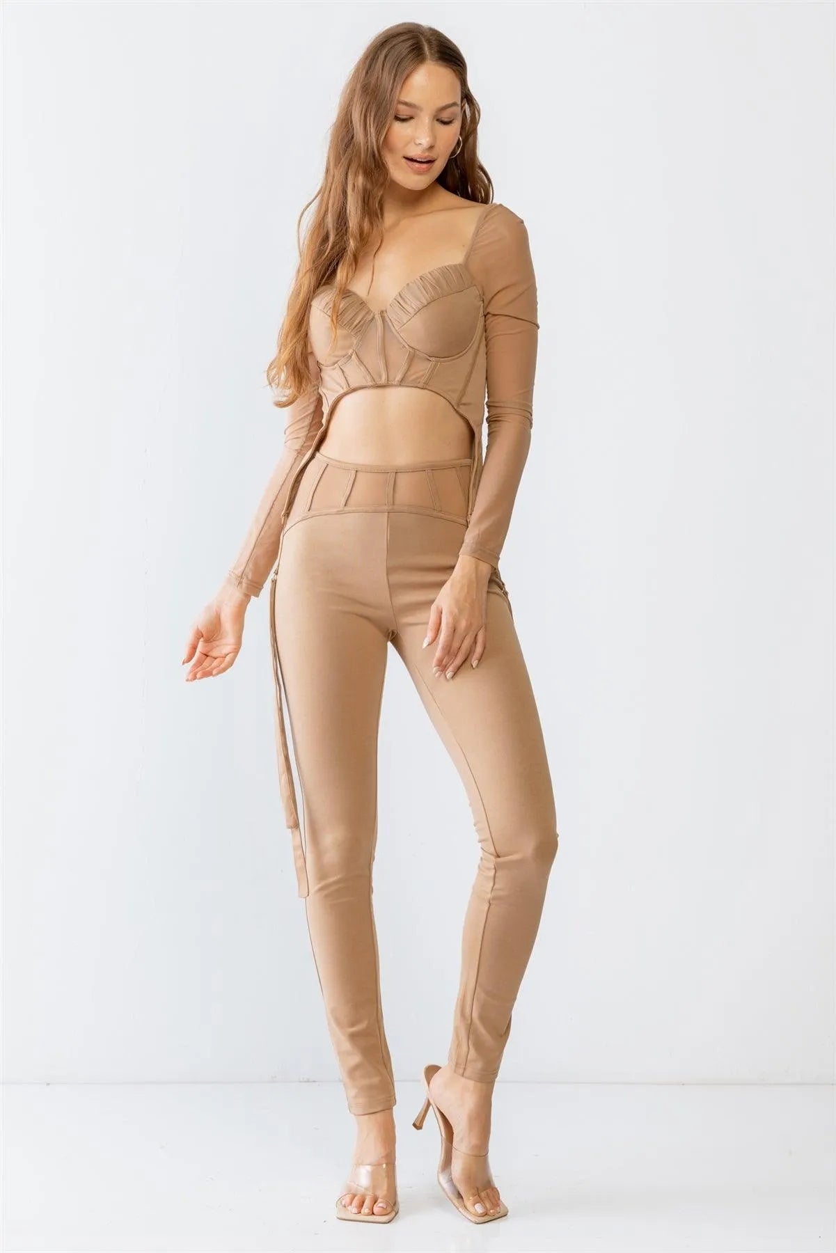 Mocha Rushed Bust Corset Mesh Long Sleeve Crop Top & High Waist Slim Fit Corset Detail Pants Set S-M-L/2-2-2 - Tasha Apparel Wholesale