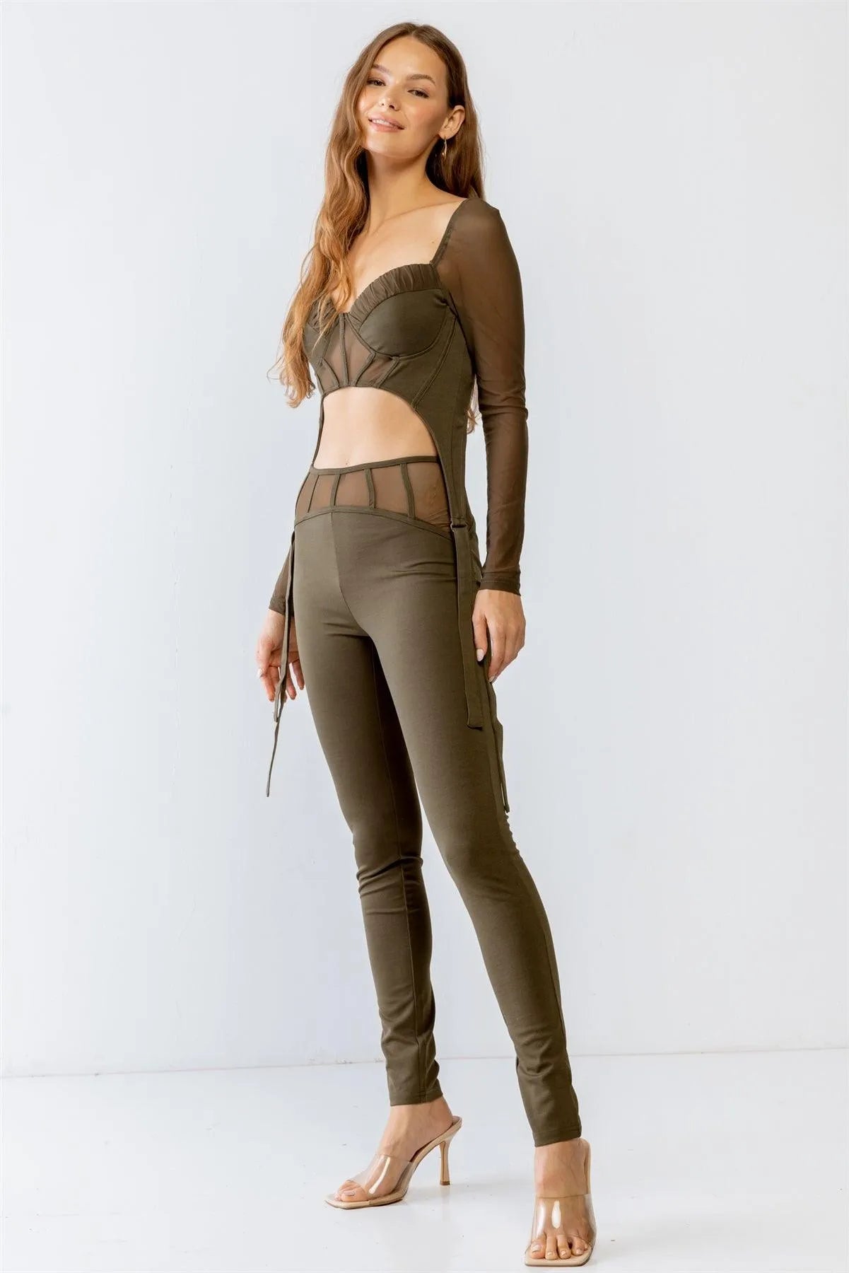 Olive Rushed Bust Corset Mesh Long Sleeve Crop Top & High Waist Slim Fit Corset Detail Pants Set S-M-L/2-2-2 - Tasha Apparel Wholesale