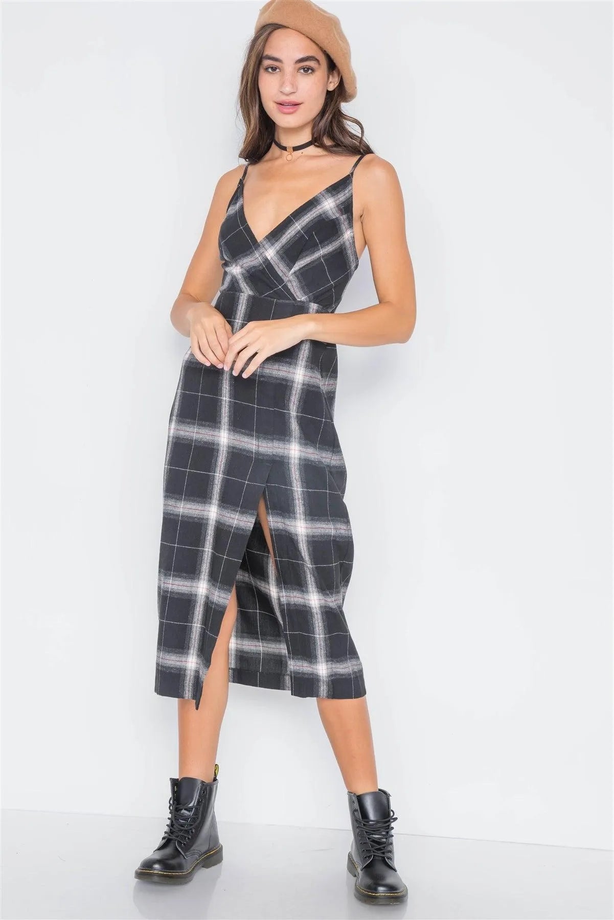 Black Plaid Cami Straps Front Slit Midi Dress /3-2-1 - Tasha Apparel Wholesale