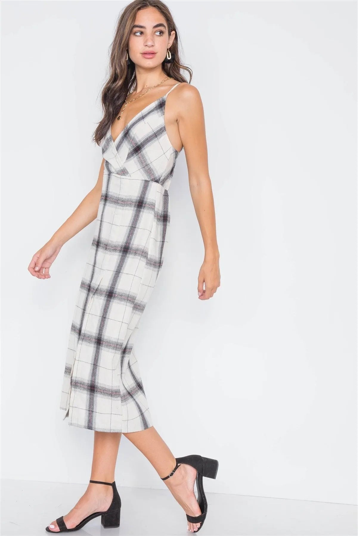 Ivory Plaid Cami Straps Front Slit Midi Dress /3-2-1 - Tasha Apparel Wholesale