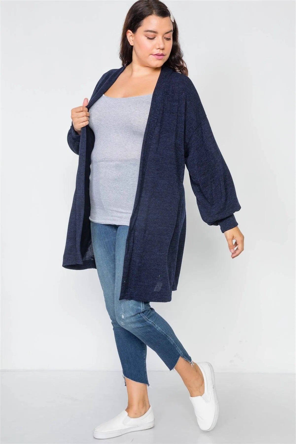 Plus Size Navy Open Front Marled Cardigan /2-2-2 - Tasha Apparel Wholesale