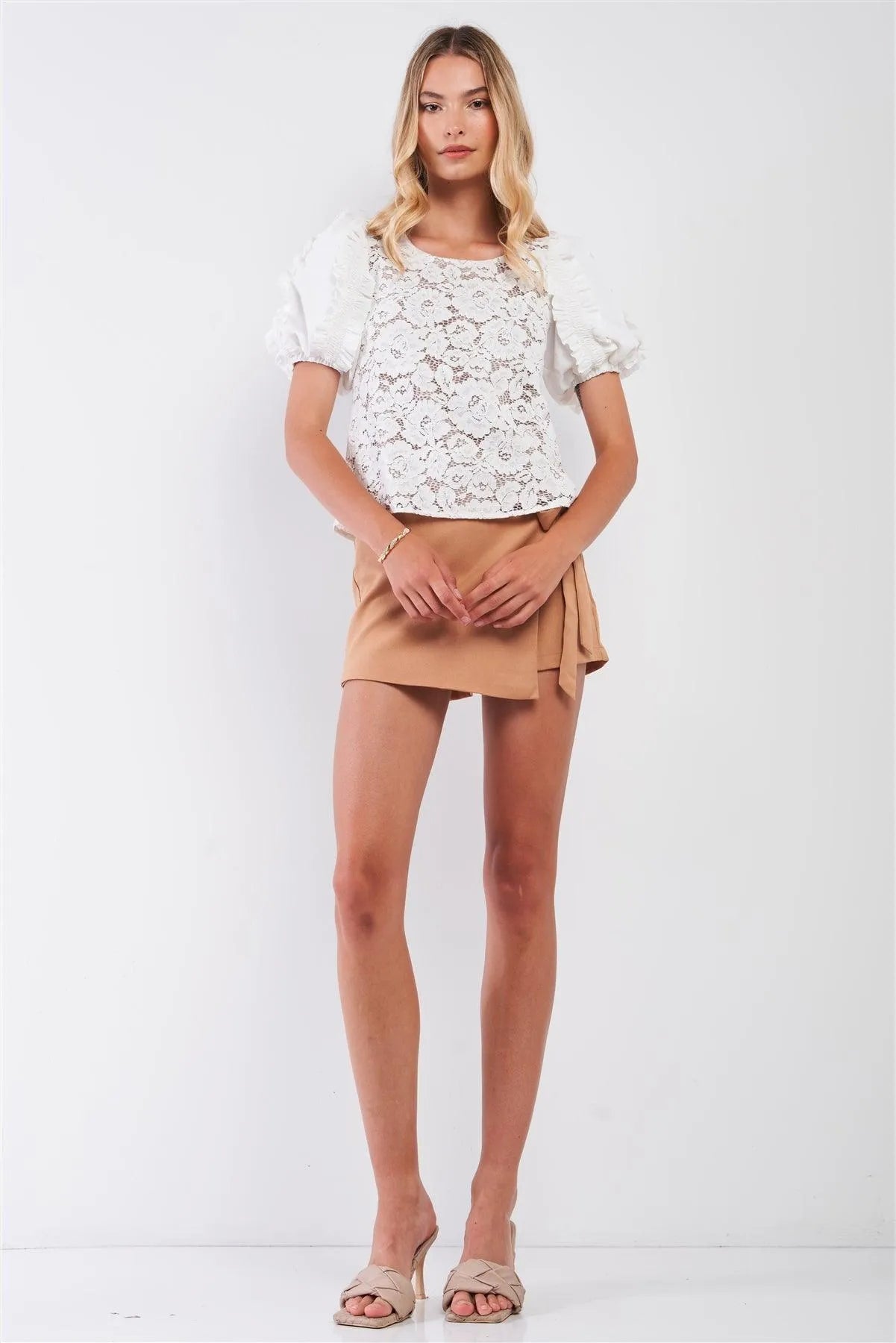 White & Nude Floral Crochet Ruffle Trim Puff Sleeve Top /2-2-2 - Tasha Apparel Wholesale