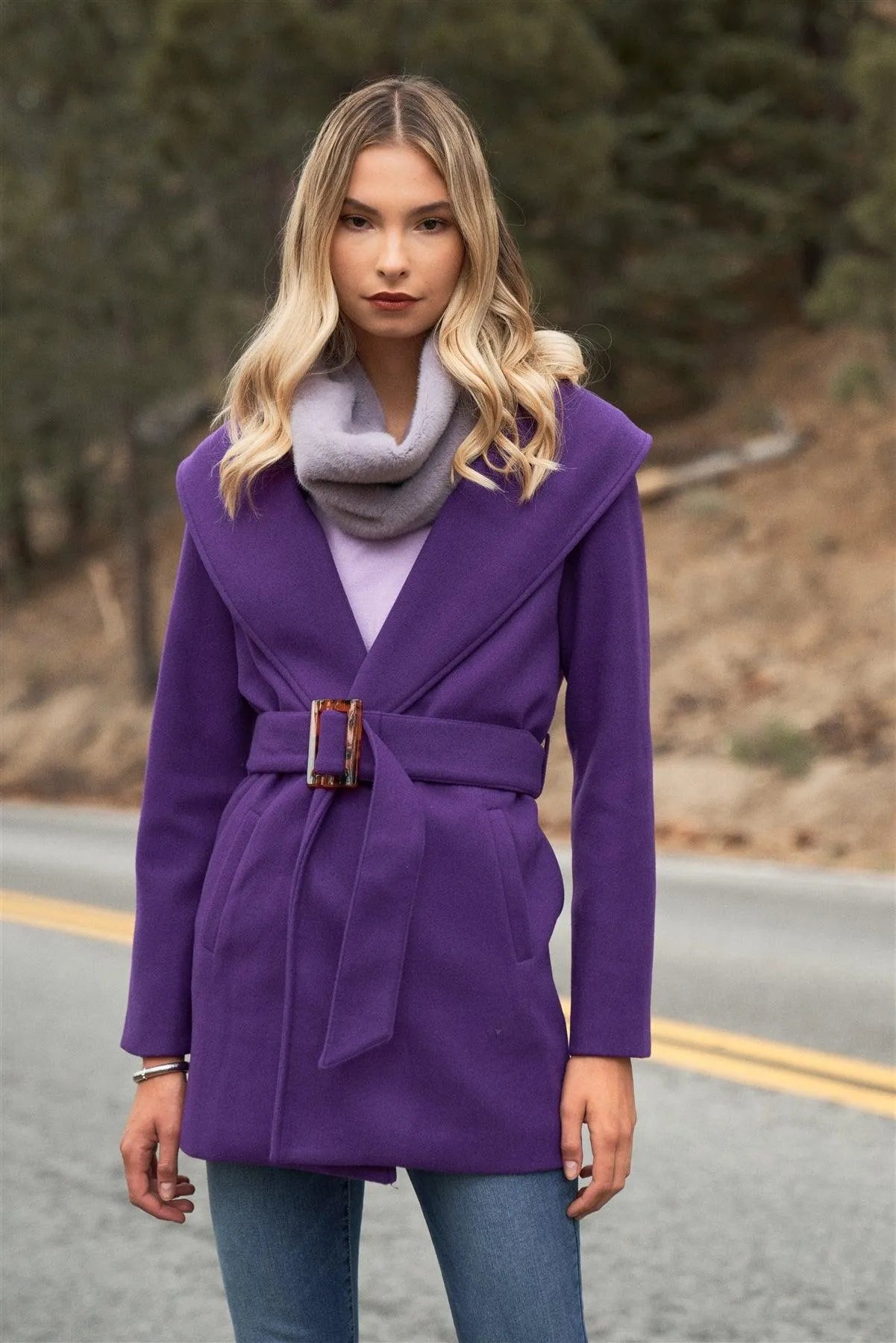 Purple Oversized Collar Long Sleeve Self-Belt Buckles Short Coat /2-2-2 - Tasha Apparel Wholesale