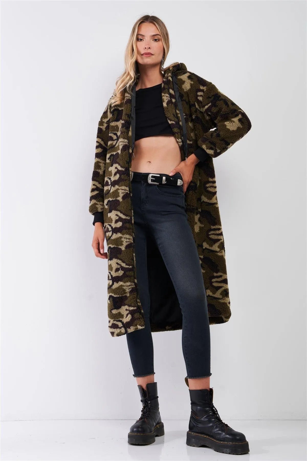 Green Camo Polar Fleece Zip-Up Front Fuzzy Midi Coat Jacket /1-2-2 - Tasha Apparel Wholesale