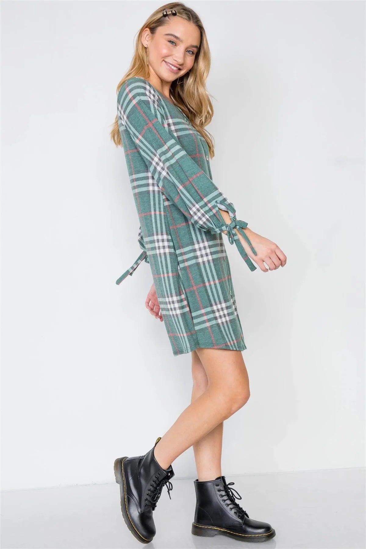 Green Plaid Casual Knit Button-Front Dress /2-2-2 - Tasha Apparel Wholesale