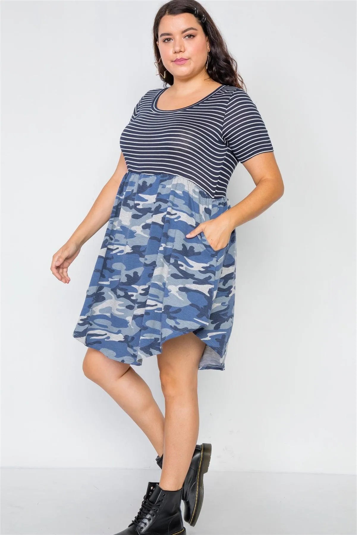 Junior Plus Size Combo Camo Blue Short Sleeve Knit Dress /2-2-2 - Tasha Apparel Wholesale