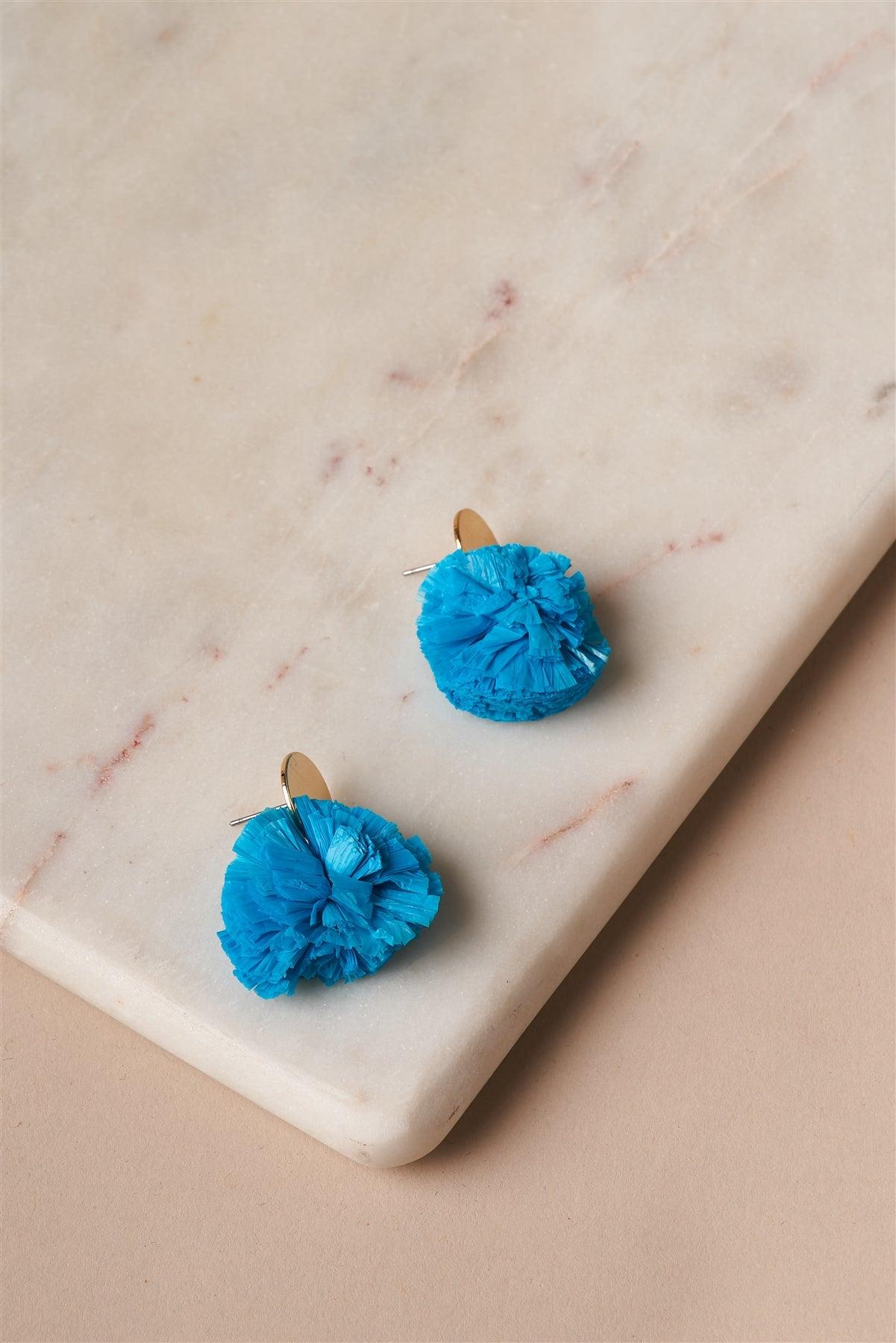 Blue Raffia Pom Pom Earrings /1 Pair