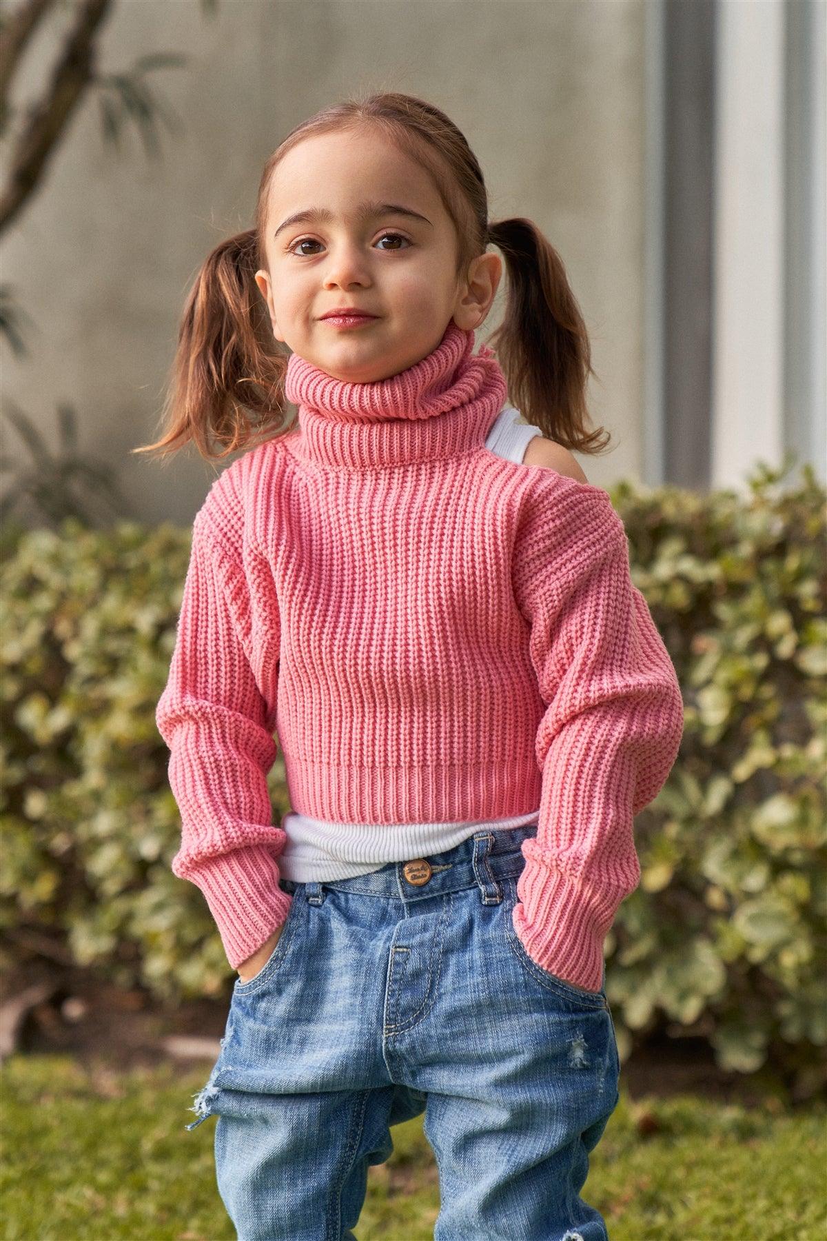Girls Blush Pink Ribbed Knit Cut-Out Shoulder Detail Long Balloon-Y Sleeve Turtleneck Sweater