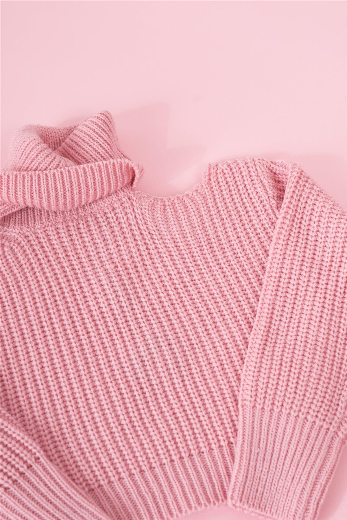 Girls Blush Pink Ribbed Knit Cut-Out Shoulder Detail Long Balloon-Y Sleeve Turtleneck Sweater