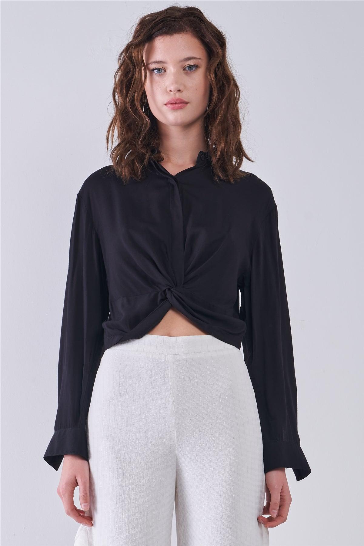 Black Long Sleeve Front Button Down Twist Detail Elasticated Back Shirt