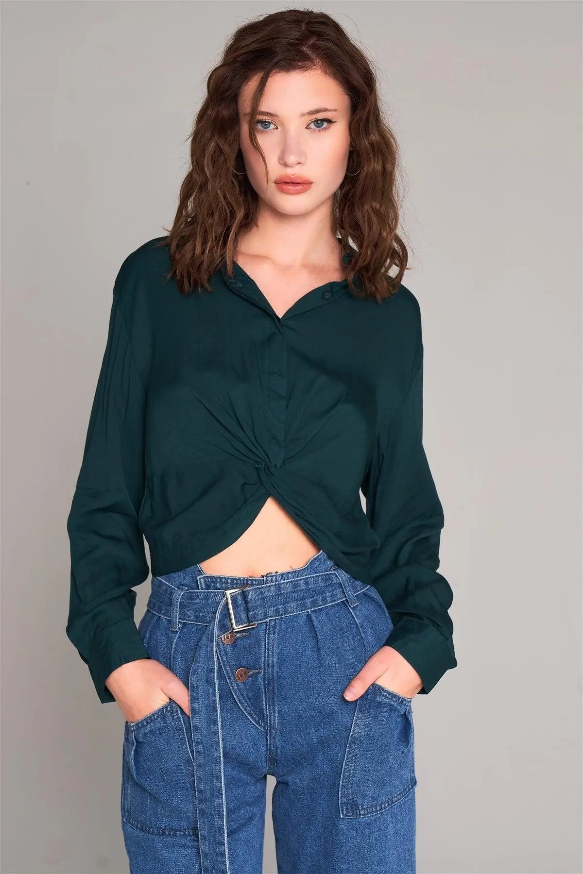 Hunter-Green Long Sleeve Front Button Down Twist Detail Elasticated Back Shirt - Tasha Apparel Wholesale