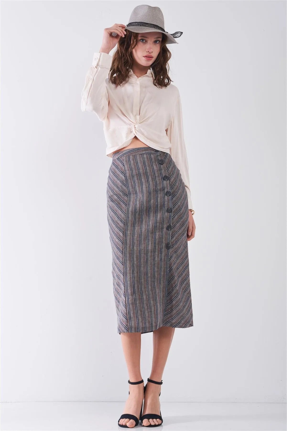 Oatmeal Long Sleeve Front Button Down Twist Detail Elasticated Back Shirt /3-2-1 - Tasha Apparel Wholesale