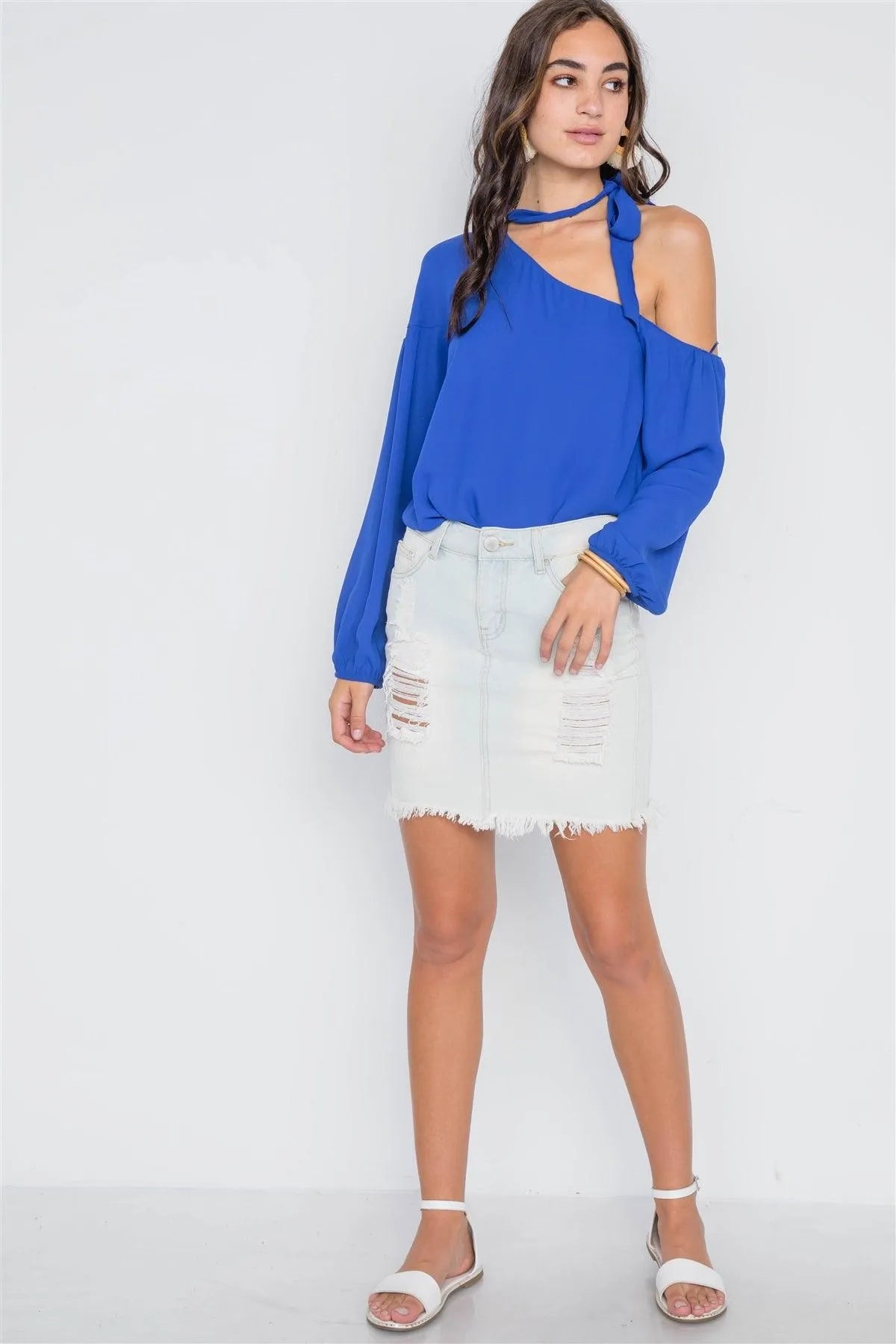 Royal Blue Open Shoulder Front-Tie Top /2-2-2 - Tasha Apparel Wholesale