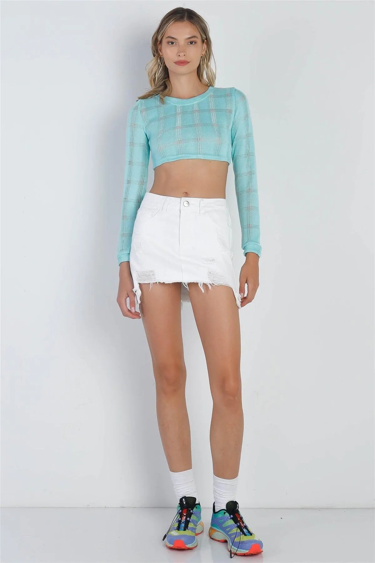 Tiffany Blue Cropped Knit Long Sleeve Sweater /2-2-2 - Tasha Apparel Wholesale