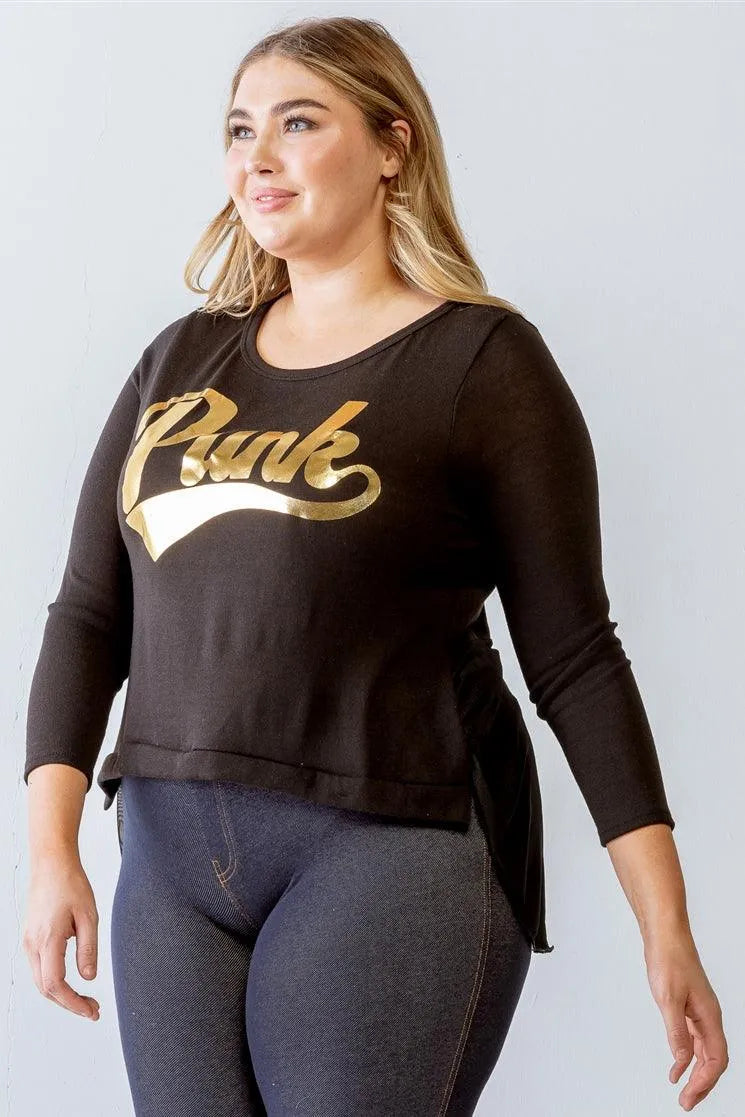 Junior Plus Size Black Gold "PUNK" Graphic Print Long Sleeves Sheer Back Hi-Lo Top /2-2-2 - Tasha Apparel Wholesale