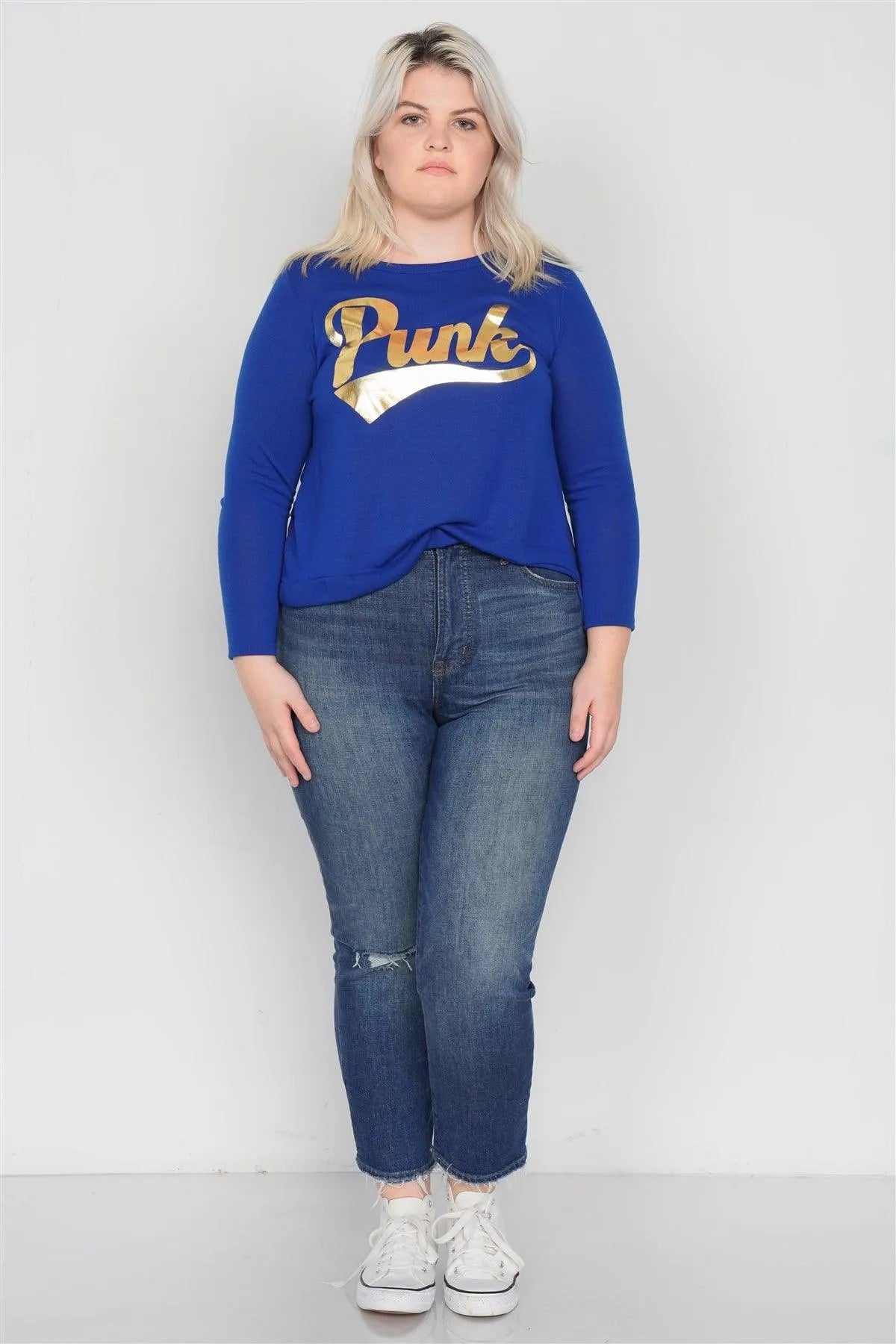 Junior Plus Size Blue Gold "PUNK" Graphic Long Sleeves Sheer Back Top /2-2-2 - Tasha Apparel Wholesale