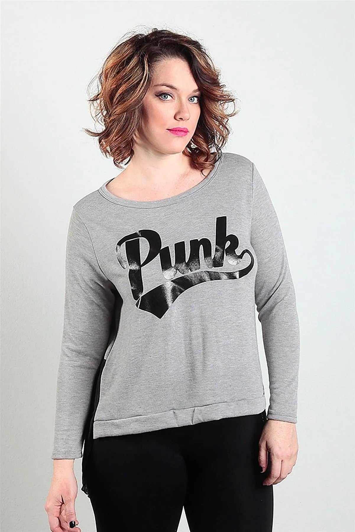 Grey "PUNK" Graphic Plus Size Long Sleeves Sheer Back Top /2-2-2 - Tasha Apparel Wholesale