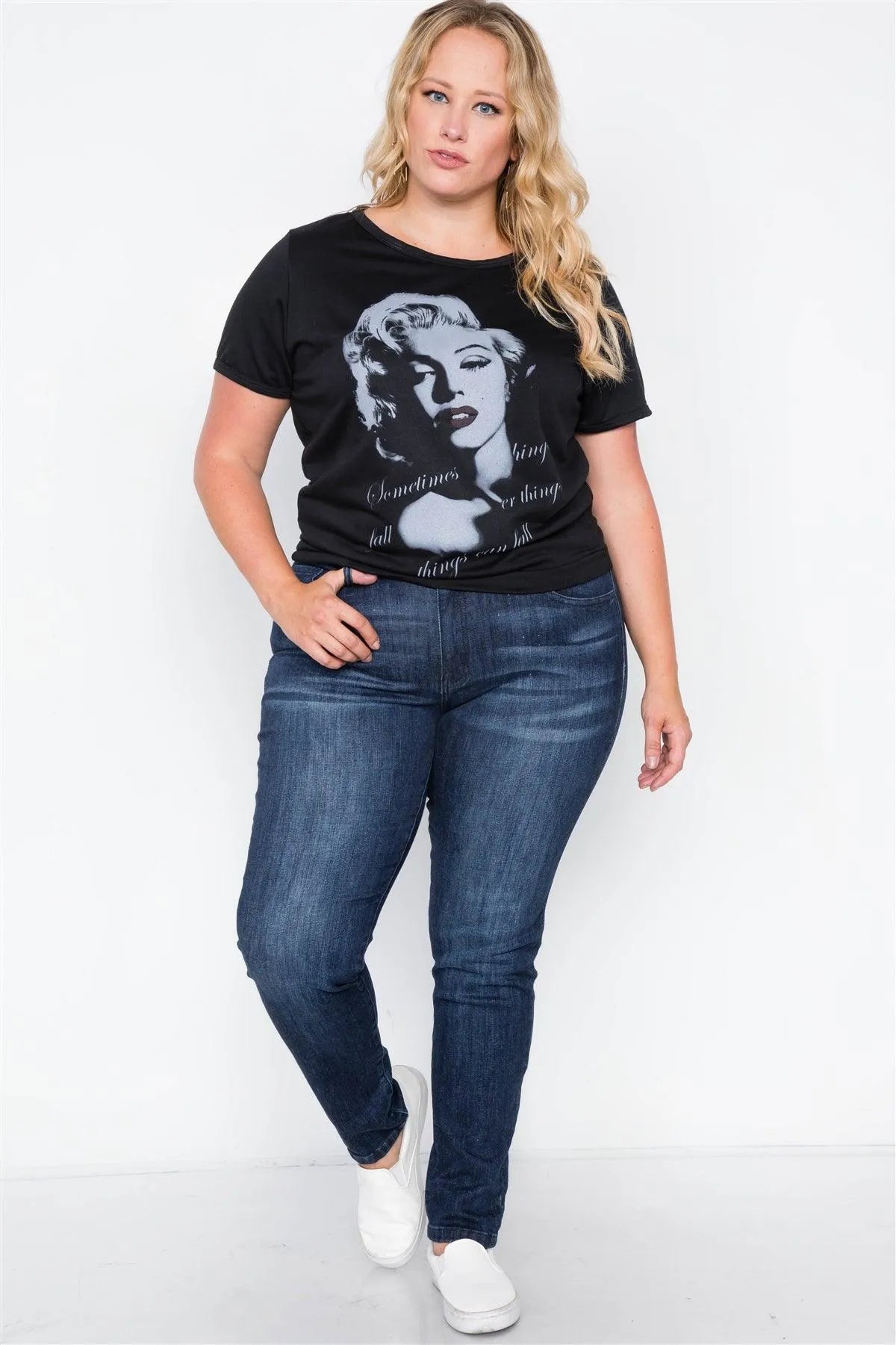 Plus Size Black Graphic Marilyn Monroe Knit Top /2-2-2 - Tasha Apparel Wholesale