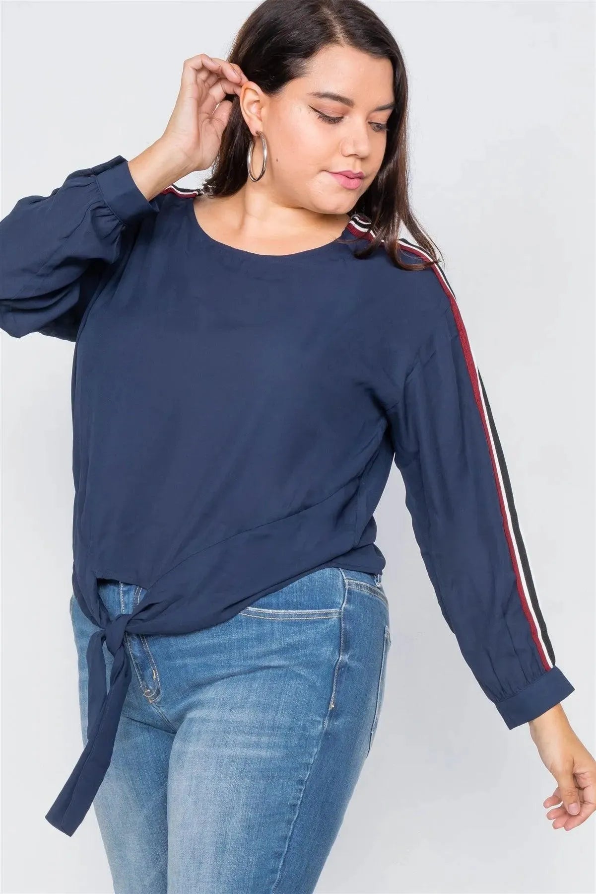 Junior Plus Size Navy Color Block Sleeve Front Knot Semi-Sheer Top /1-3-2 - Tasha Apparel Wholesale
