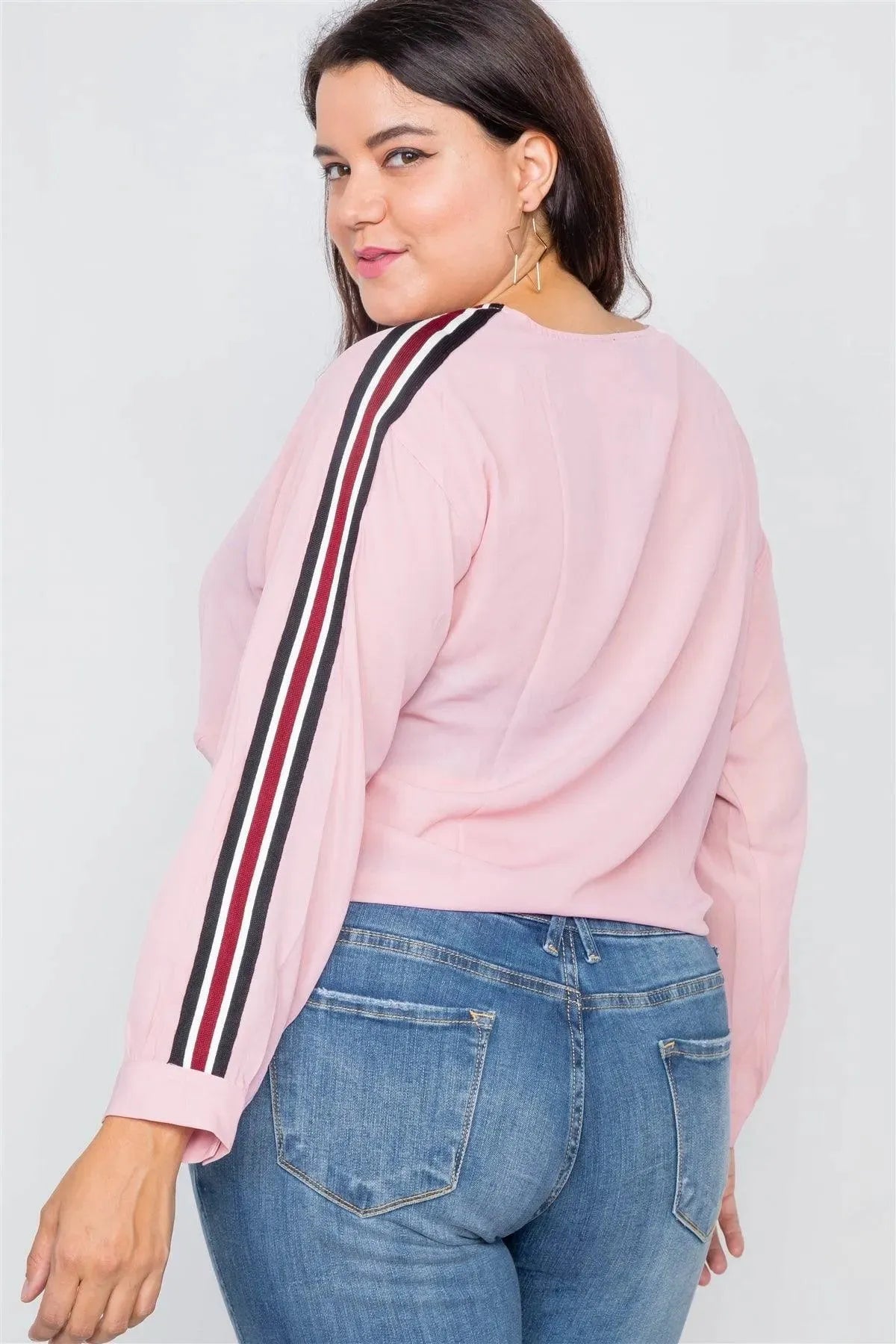 Pink Color Block Sleeve Front Knot Semi-Sheer Top - Tasha Apparel Wholesale