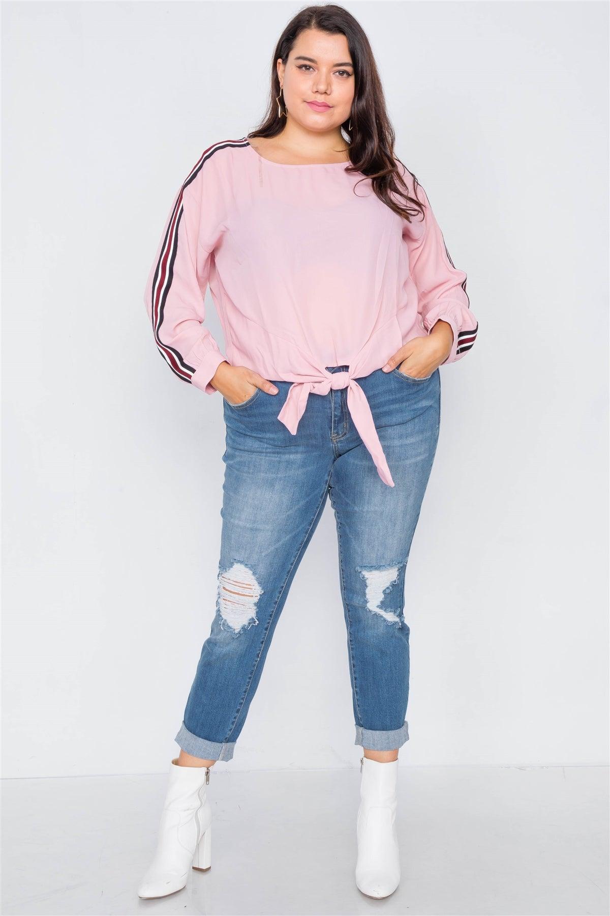 Pink Color Block Sleeve Front Knot Semi-Sheer Top