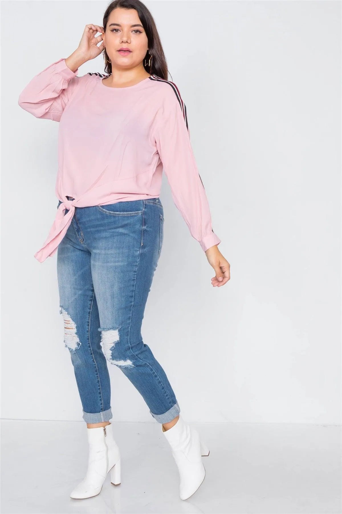 Pink Color Block Sleeve Front Knot Semi-Sheer Top - Tasha Apparel Wholesale