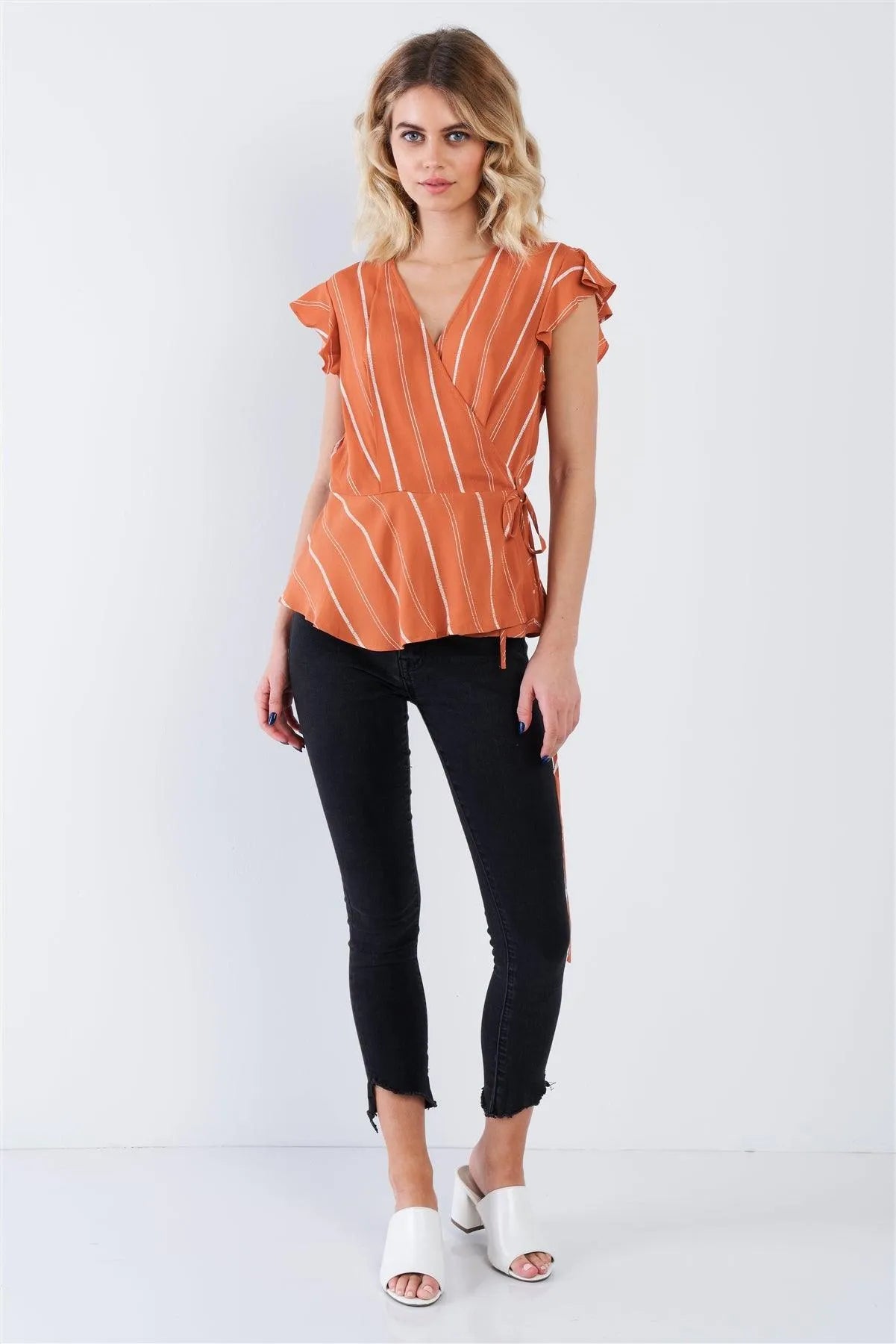 Dark Melon Orange Stripe Wrap Peplum Flounce Hem V-Neck Top /1-2-2-1 - Tasha Apparel Wholesale