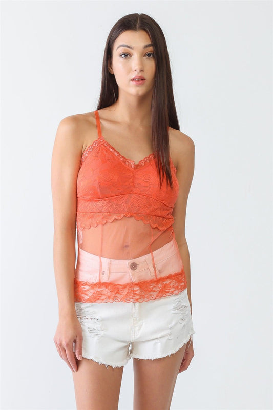Coral Sheer Mesh Lace Sleeveless Push-Up Bustier Top