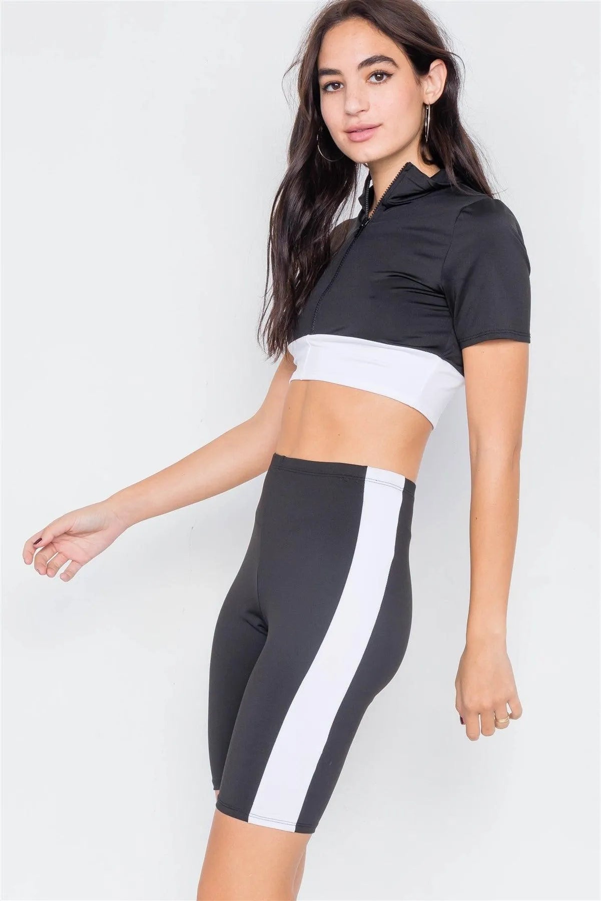 Black & White Contrast Trim Crop Pull Over & Mini Biker Short Set /3-2-1 - Tasha Apparel Wholesale