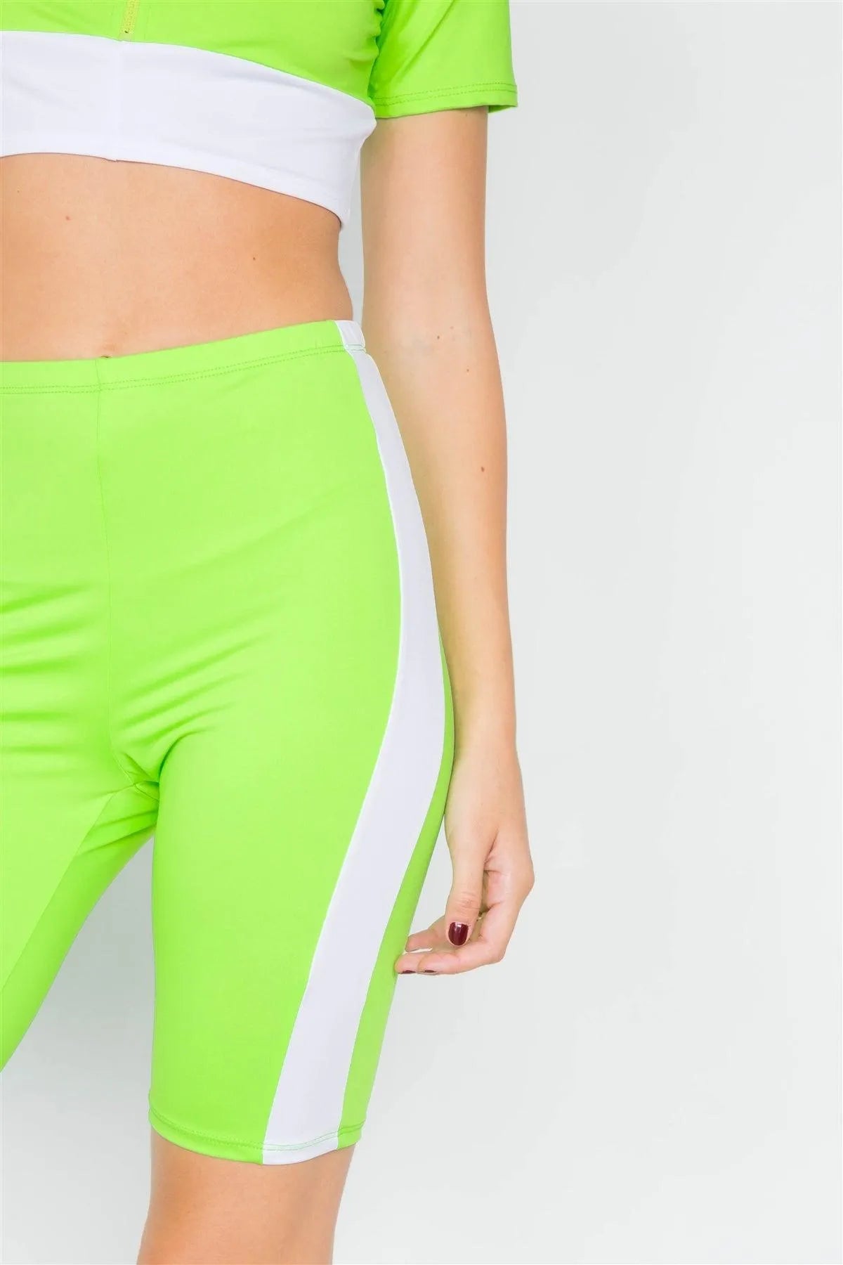 Neon Green & White Contrast Trim Crop Pull Over & Mini Biker Short Set /3-2-1 - Tasha Apparel Wholesale