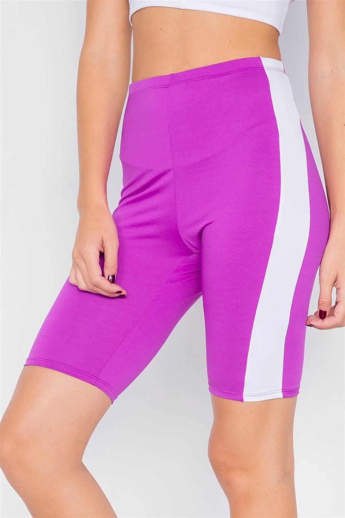 Purple & White Contrast Trim Crop Pull Over & Mini Biker Short Set /3-2-1 - Tasha Apparel Wholesale